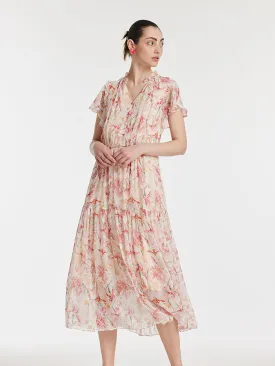 10 Momme Mulberry Silk Iris Printed V-Neck Ruffle Sleeves Women Maxi Dress