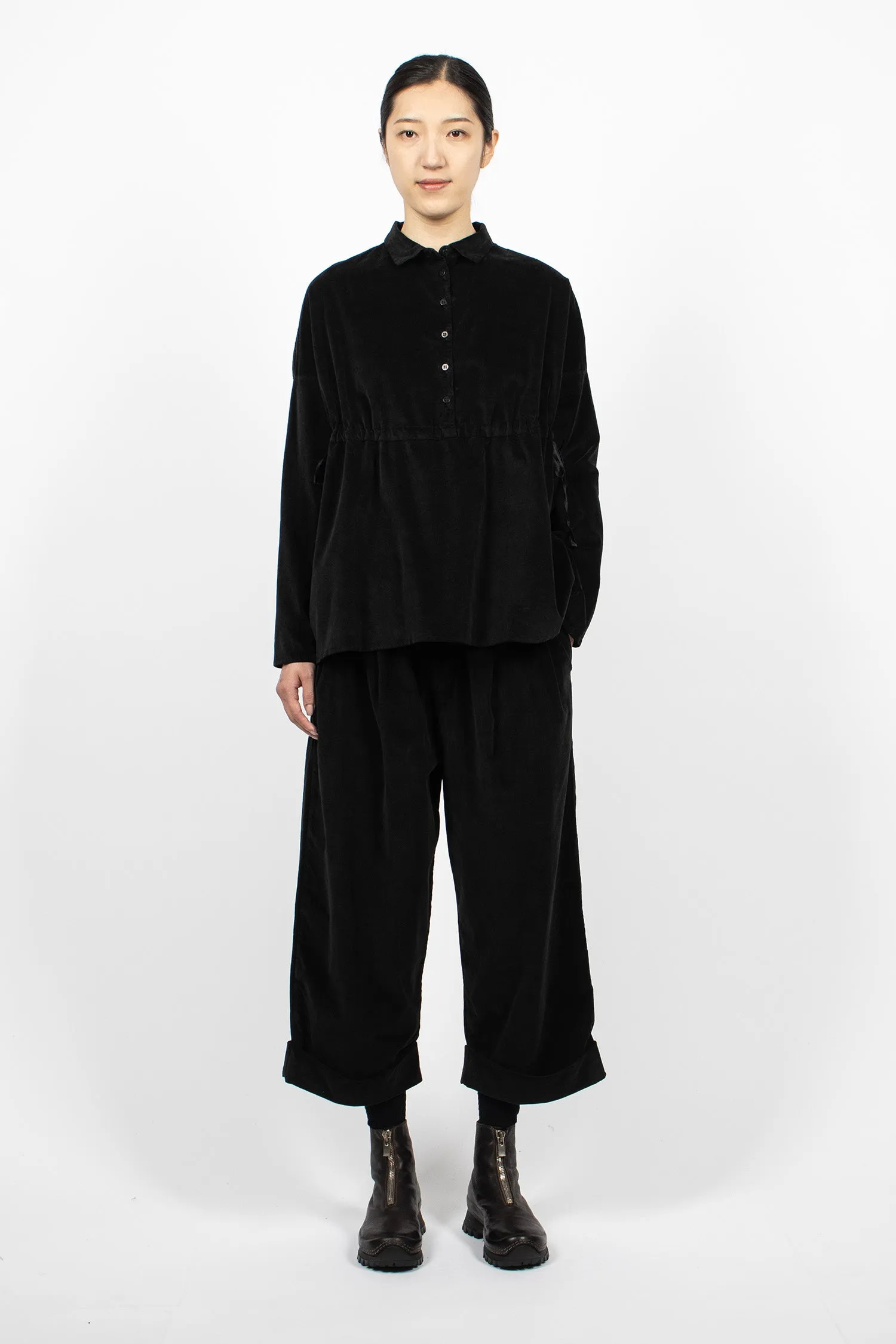 12_127 Velvet Drawstring Collar Shirt Black