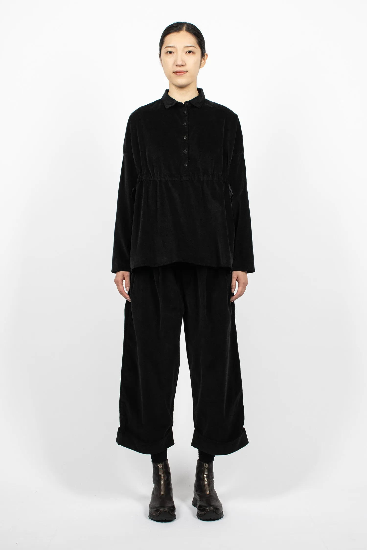 12_127 Velvet Drawstring Collar Shirt Black