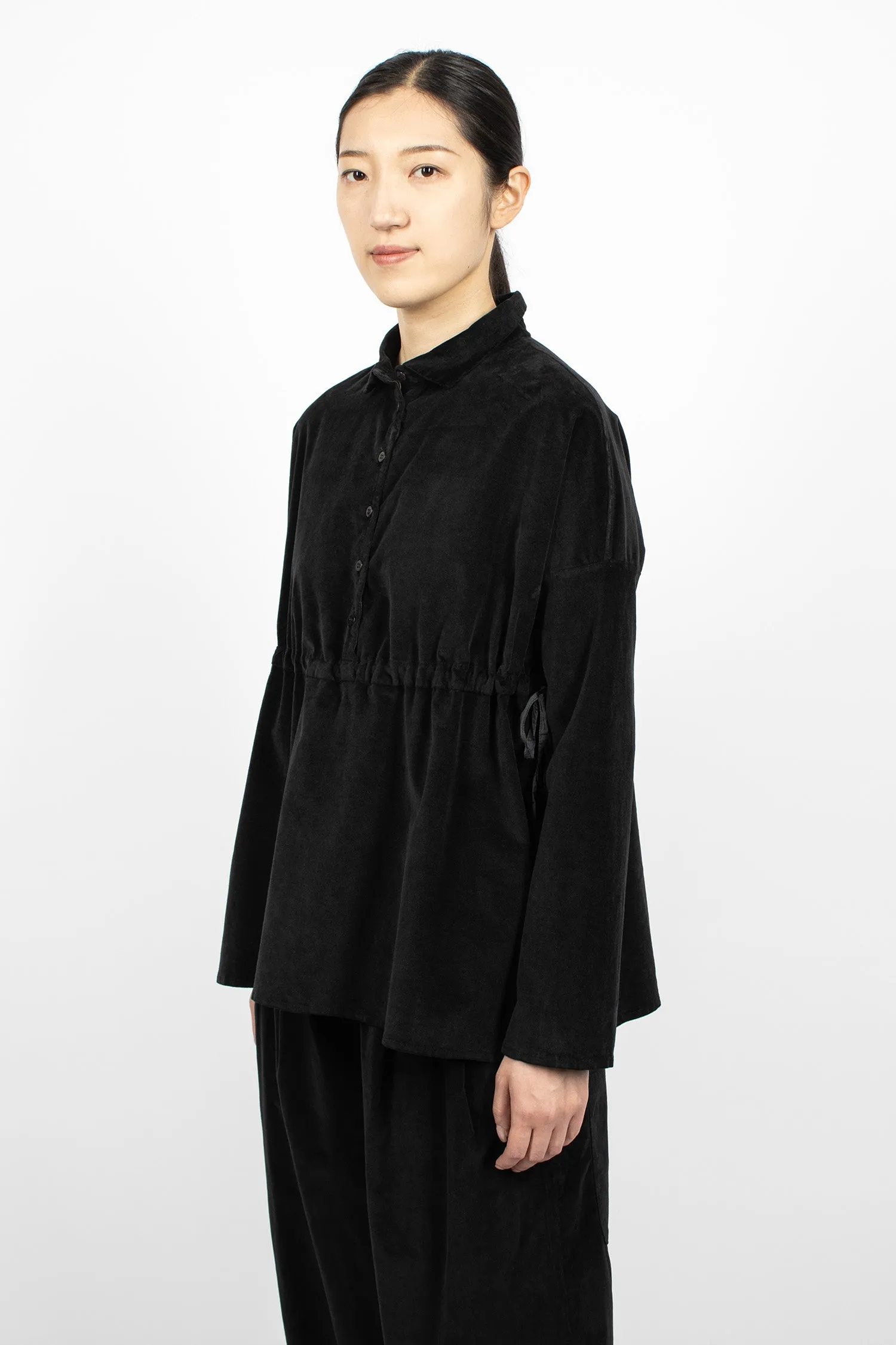 12_127 Velvet Drawstring Collar Shirt Black