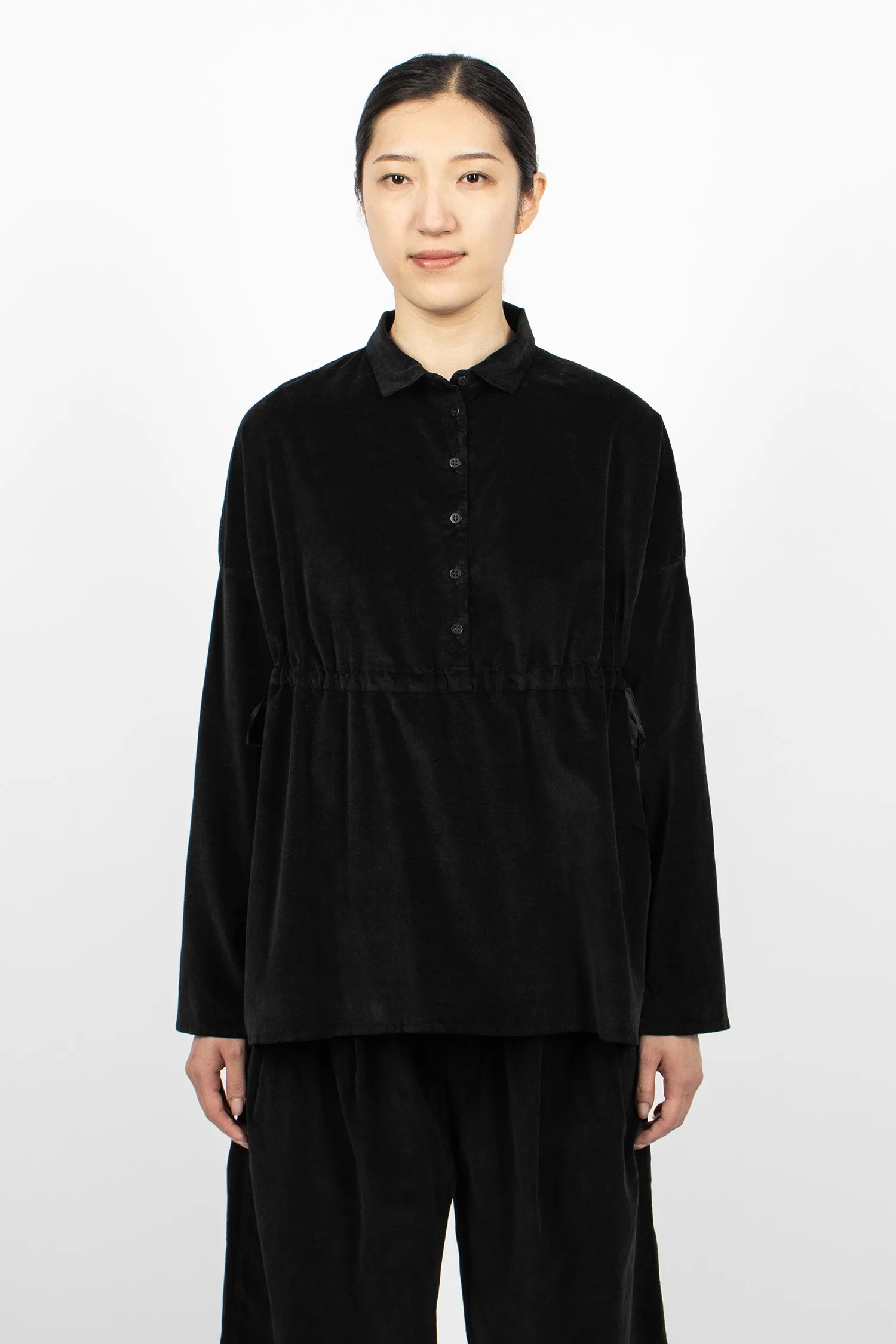 12_127 Velvet Drawstring Collar Shirt Black