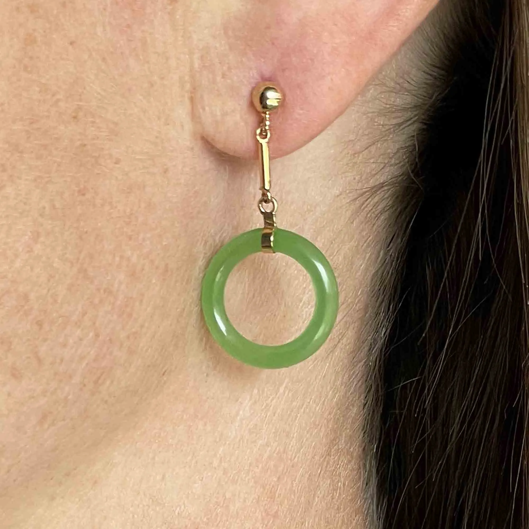 14K Gold Bar Jade Hoop Dangle Earrings