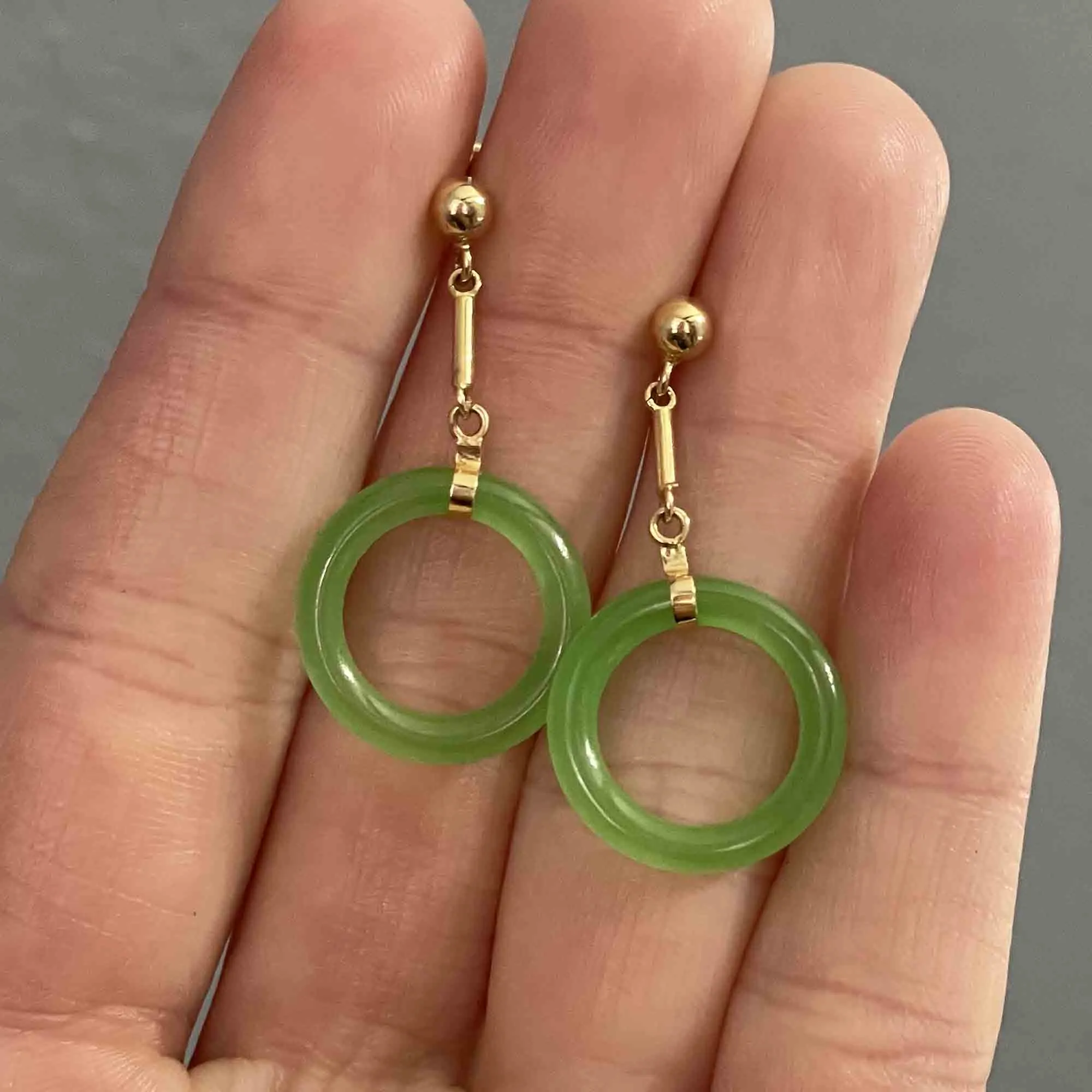 14K Gold Bar Jade Hoop Dangle Earrings