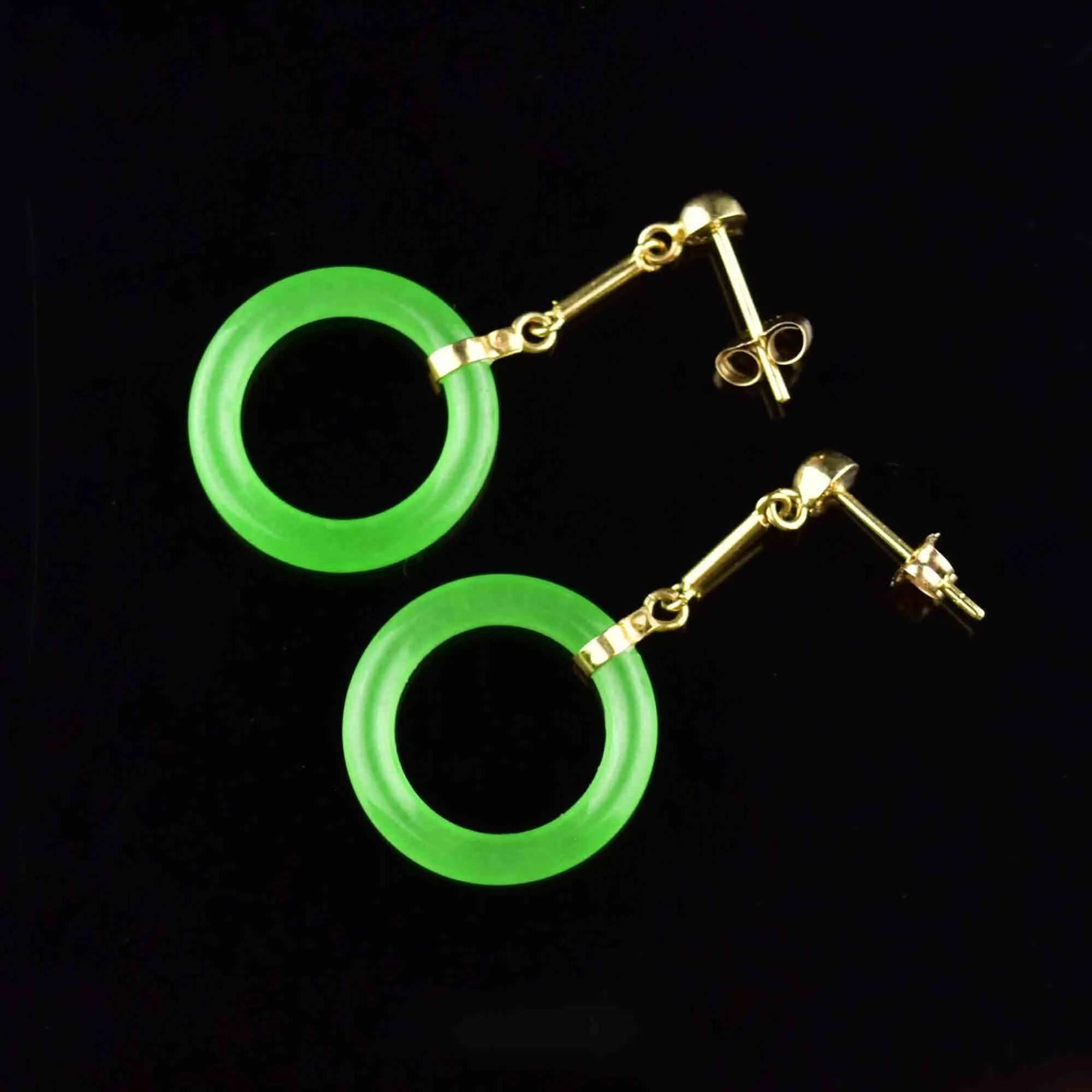 14K Gold Bar Jade Hoop Dangle Earrings