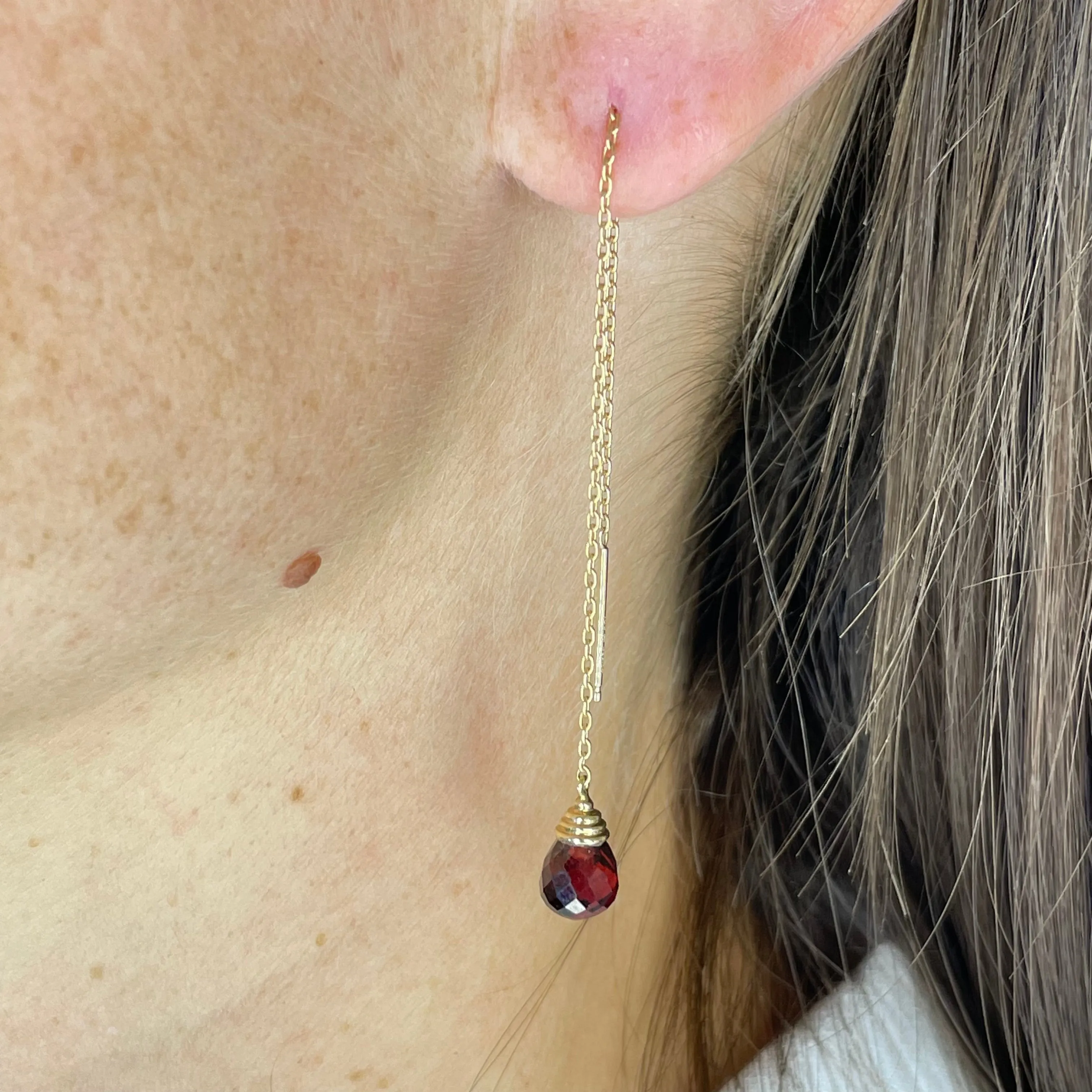 14K Gold Garnet Threader Earrings