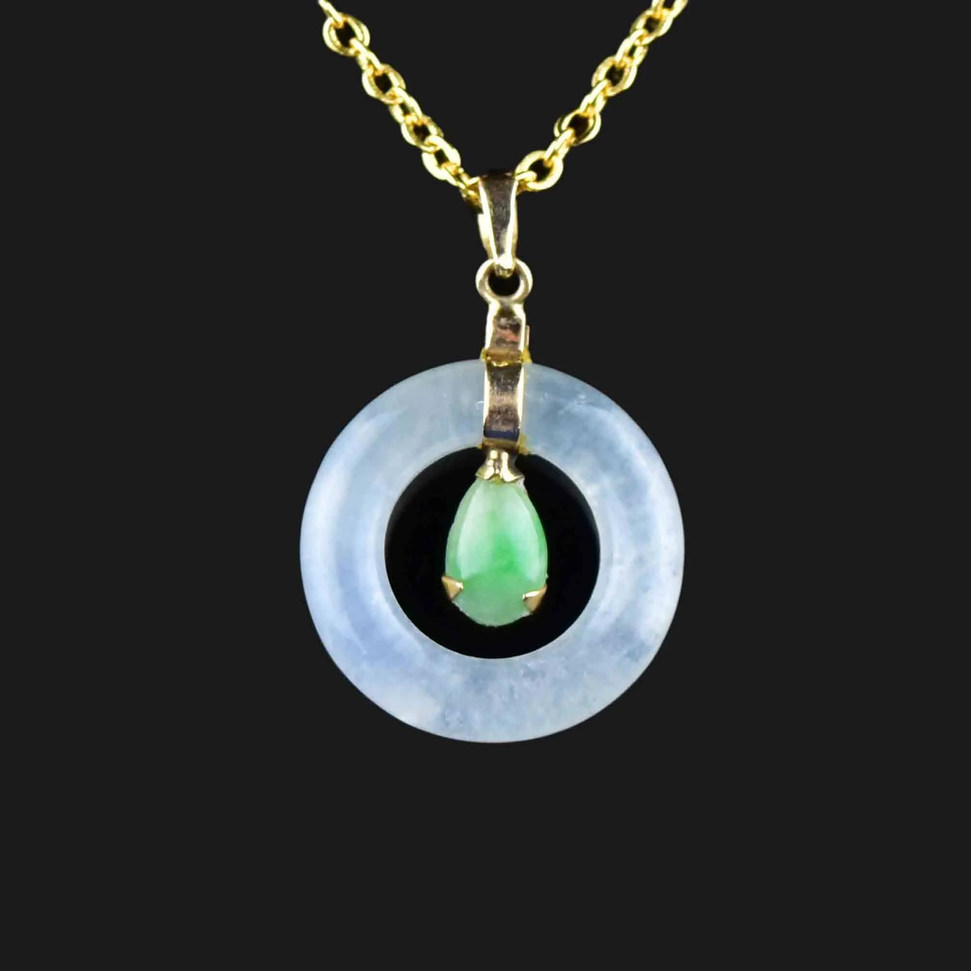 14K Gold Green and White Jade Target Pendant Necklace