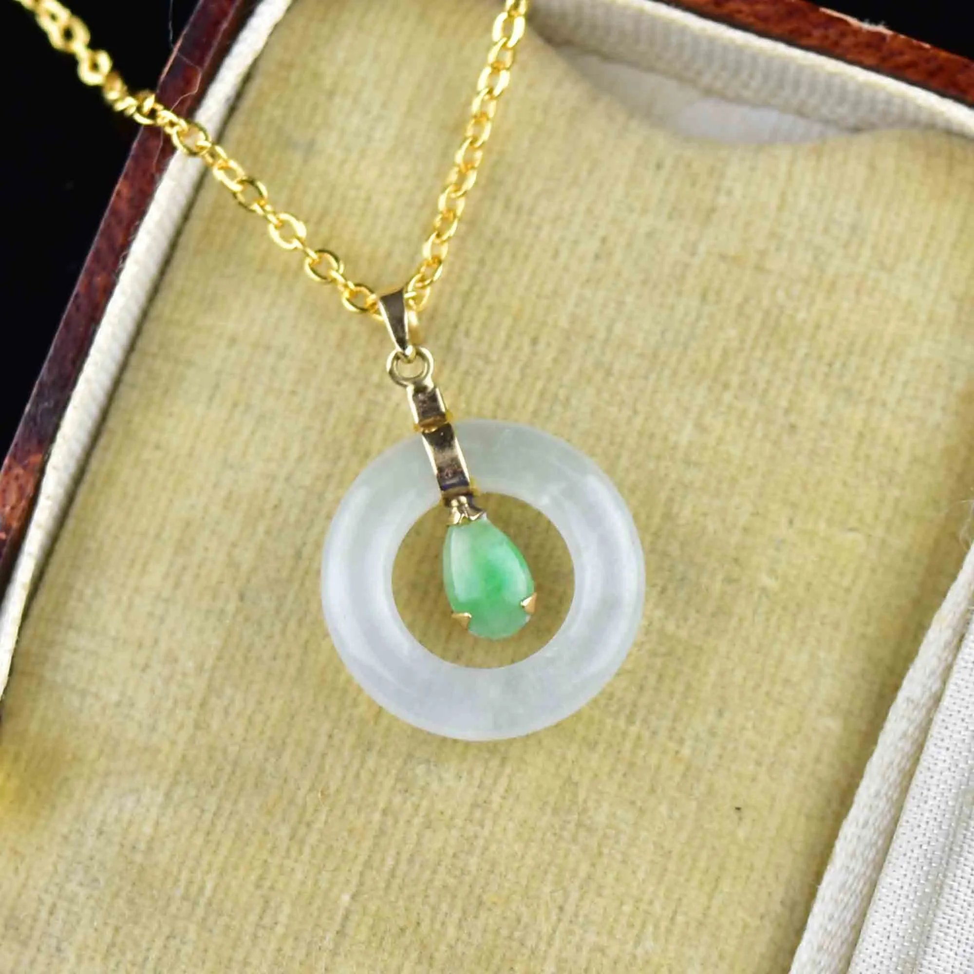 14K Gold Green and White Jade Target Pendant Necklace