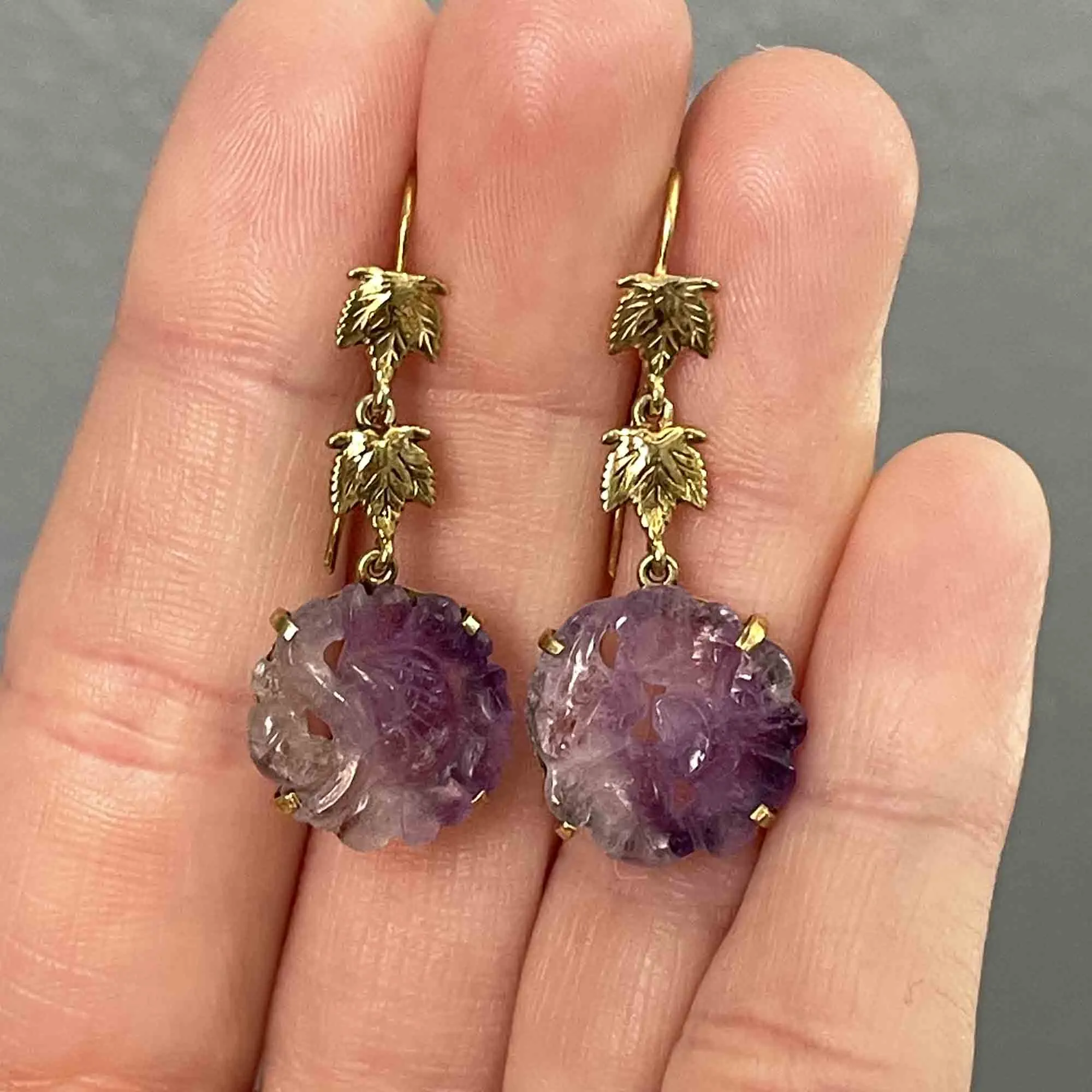 14K Gold Maple Leaf Carved Amethyst Drop Earrings