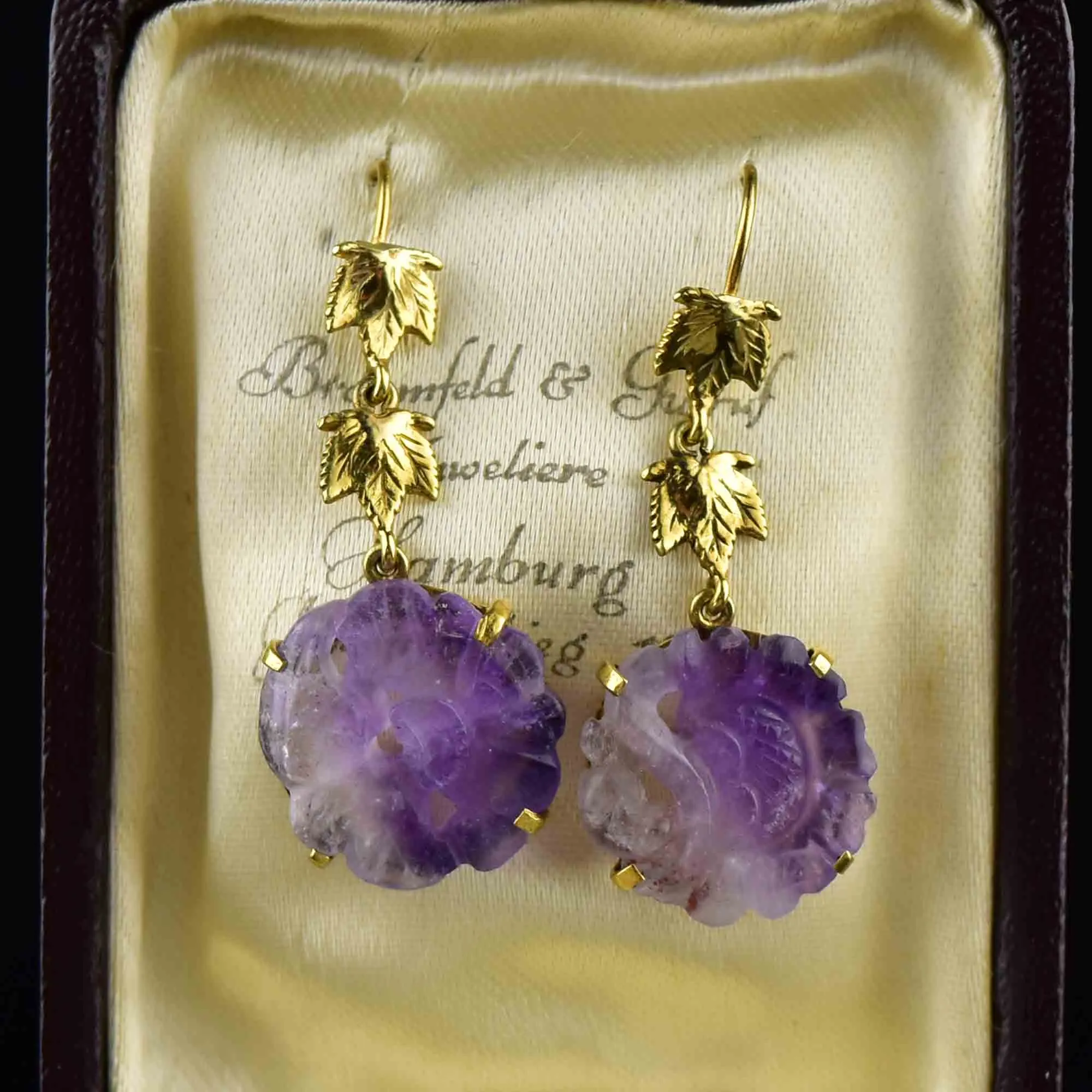 14K Gold Maple Leaf Carved Amethyst Drop Earrings