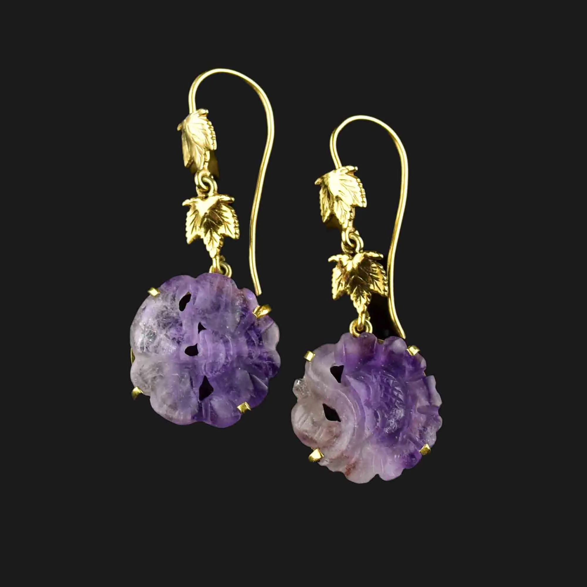 14K Gold Maple Leaf Carved Amethyst Drop Earrings