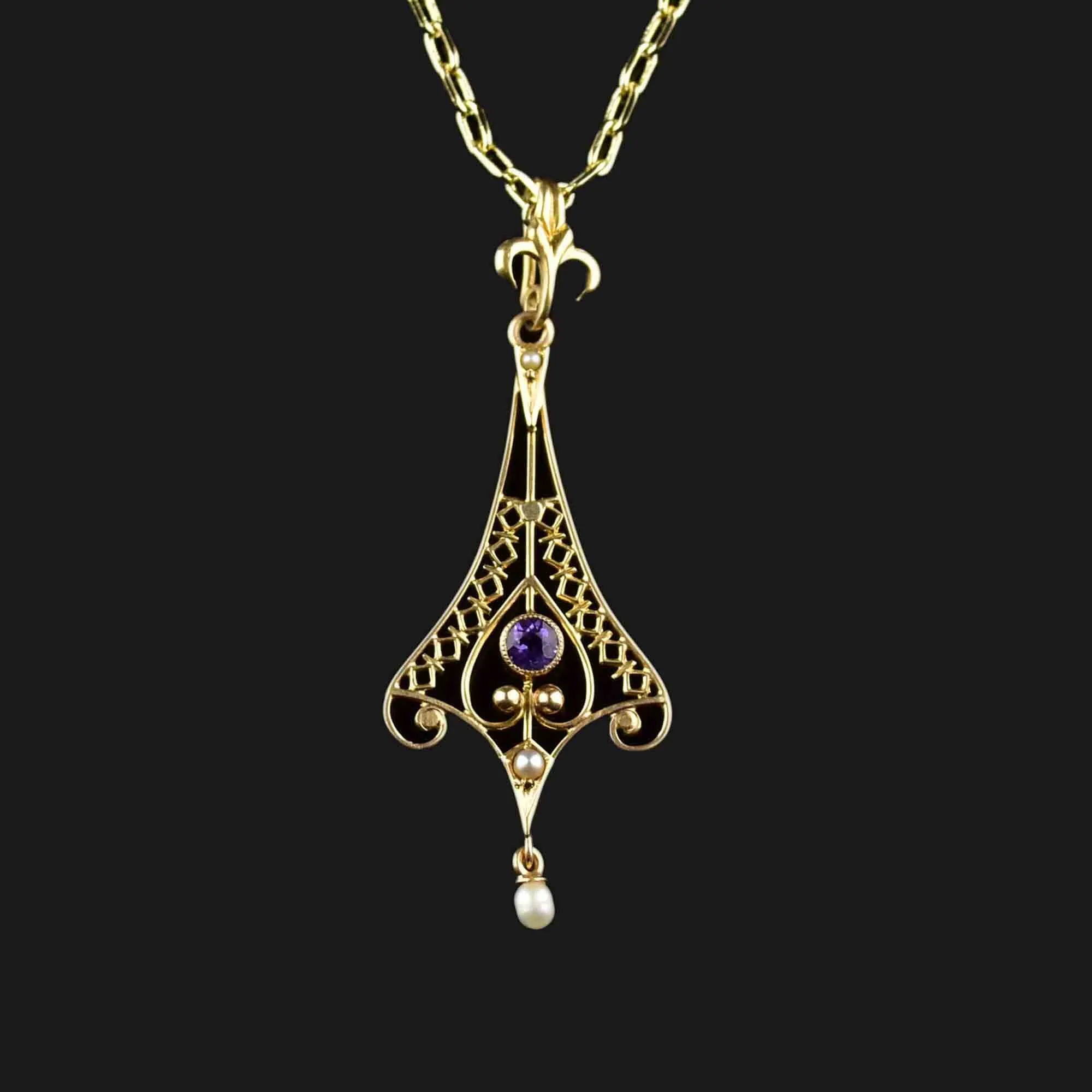 14K Gold Pearl Amethyst Lavalier Pendant Necklace