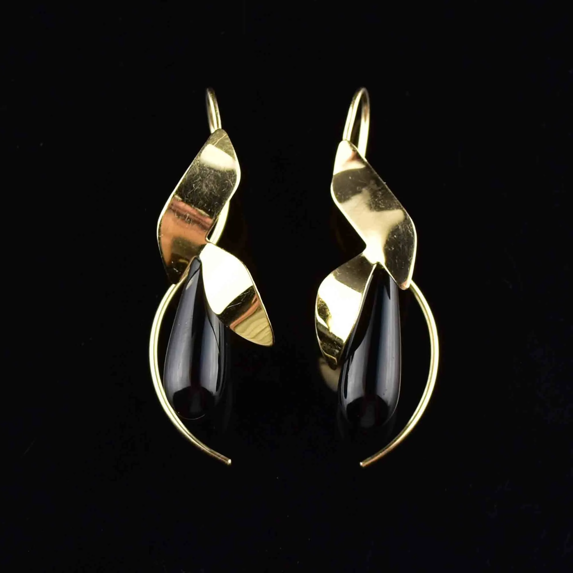 14K Gold Petal Black Onyx Drop Earrings