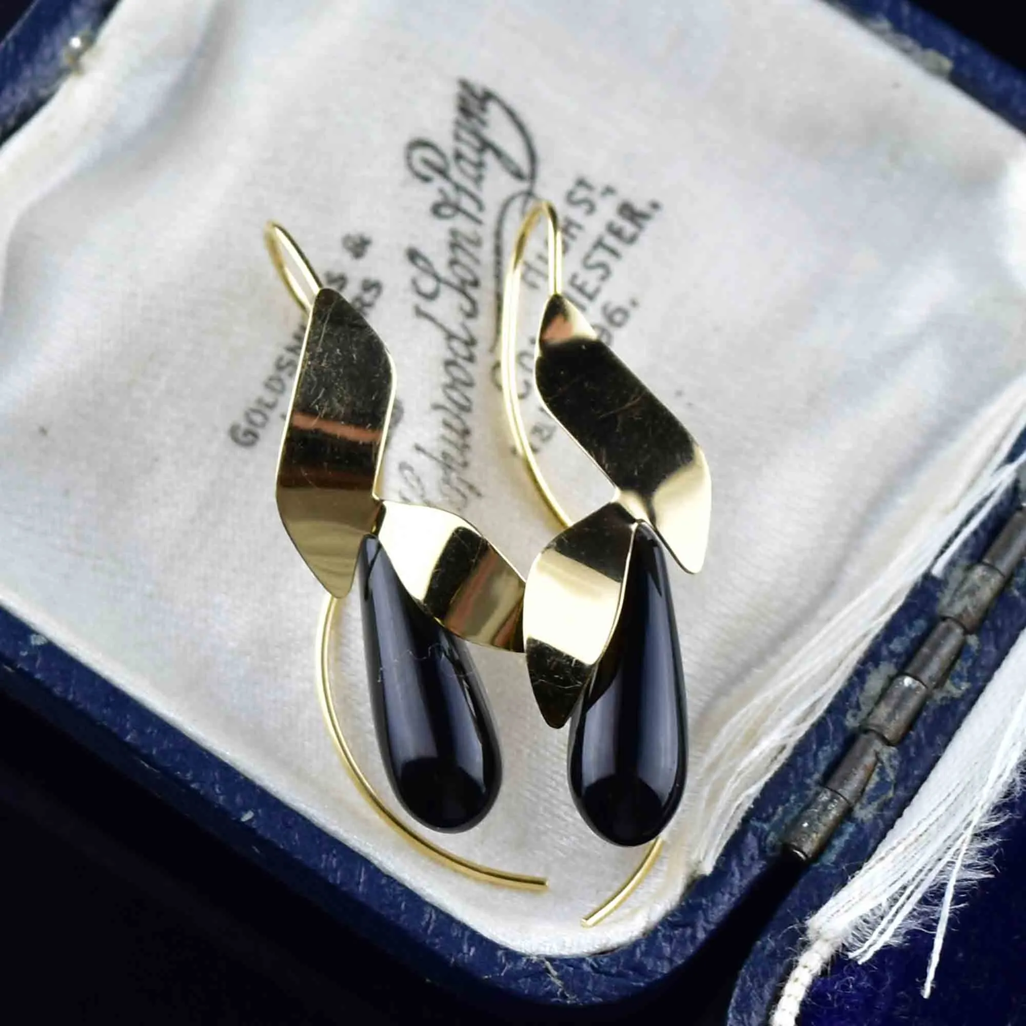 14K Gold Petal Black Onyx Drop Earrings