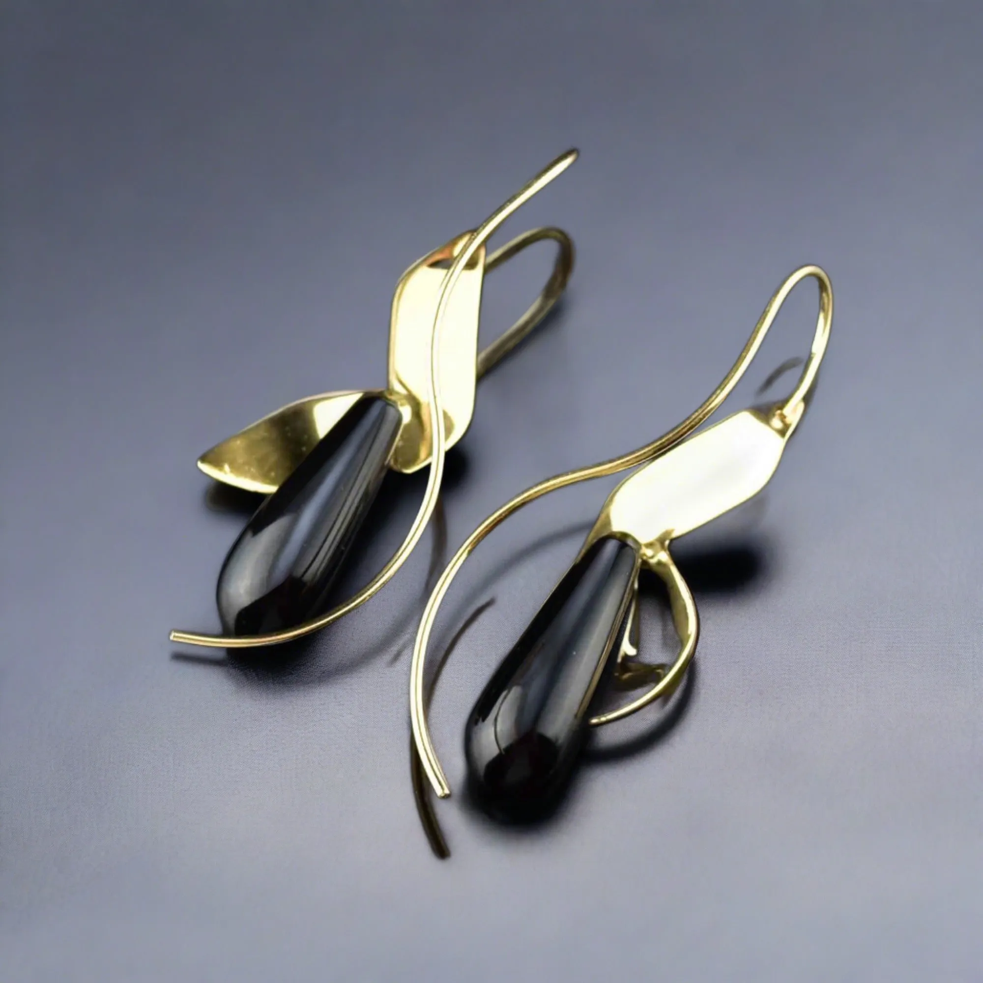 14K Gold Petal Black Onyx Drop Earrings