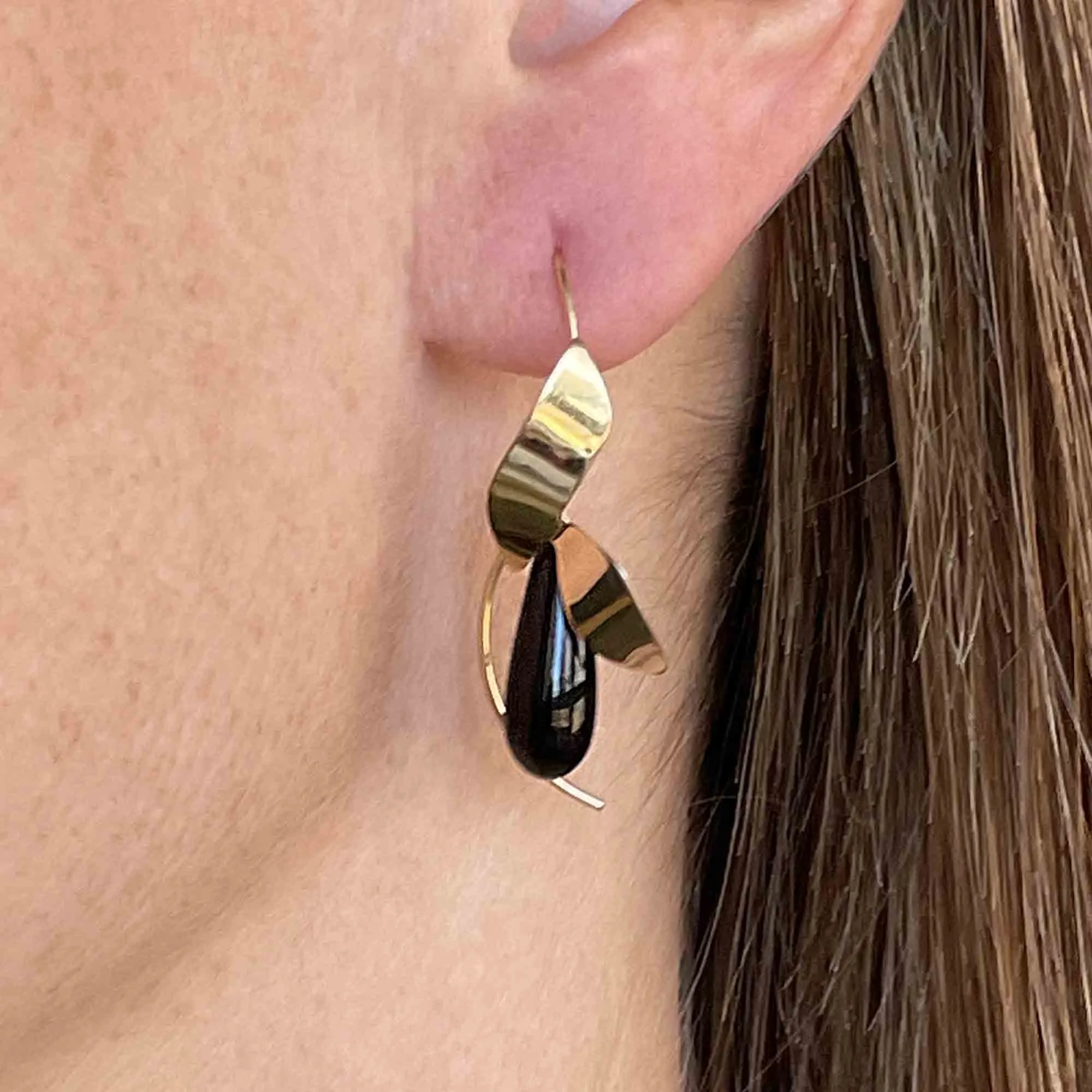 14K Gold Petal Black Onyx Drop Earrings