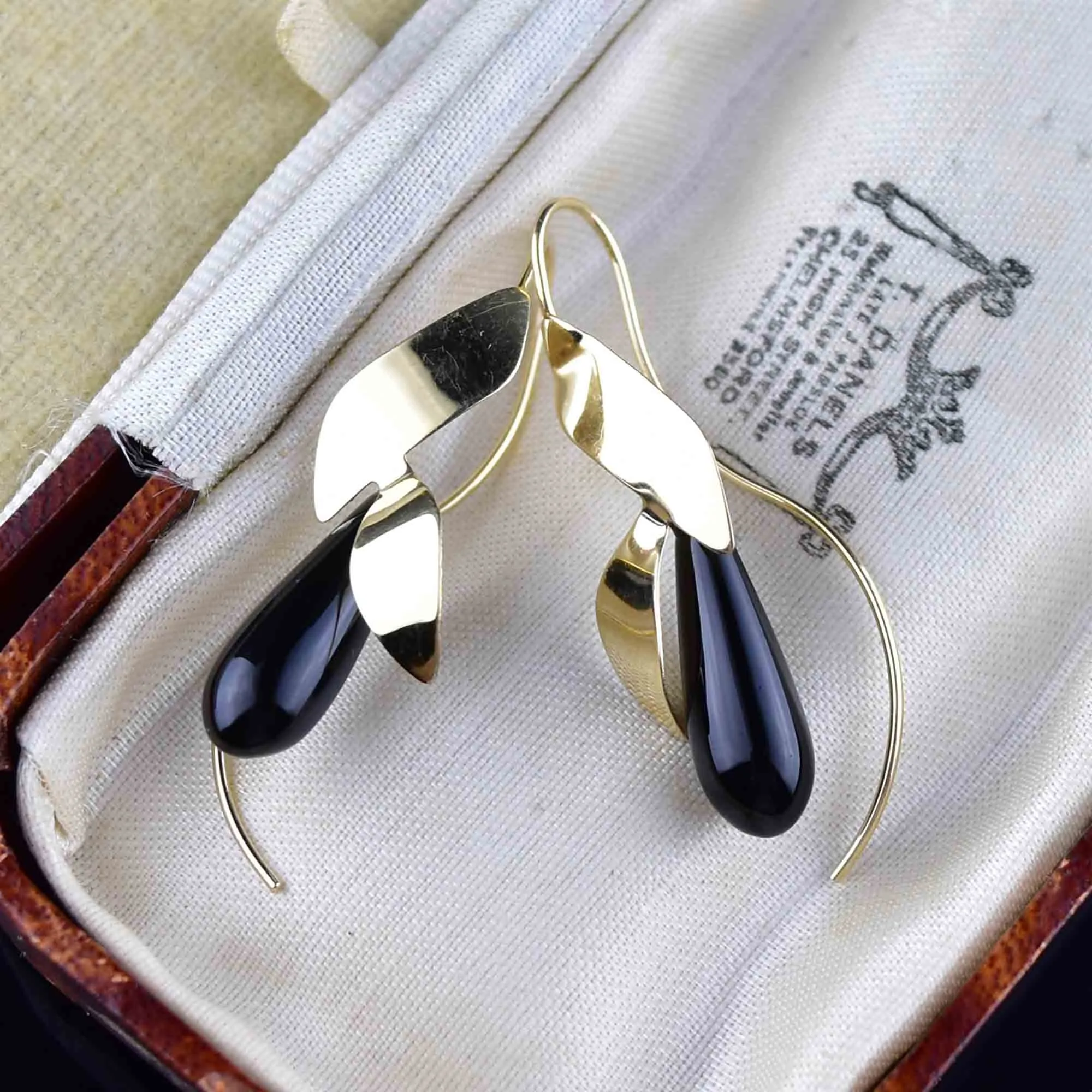 14K Gold Petal Black Onyx Drop Earrings