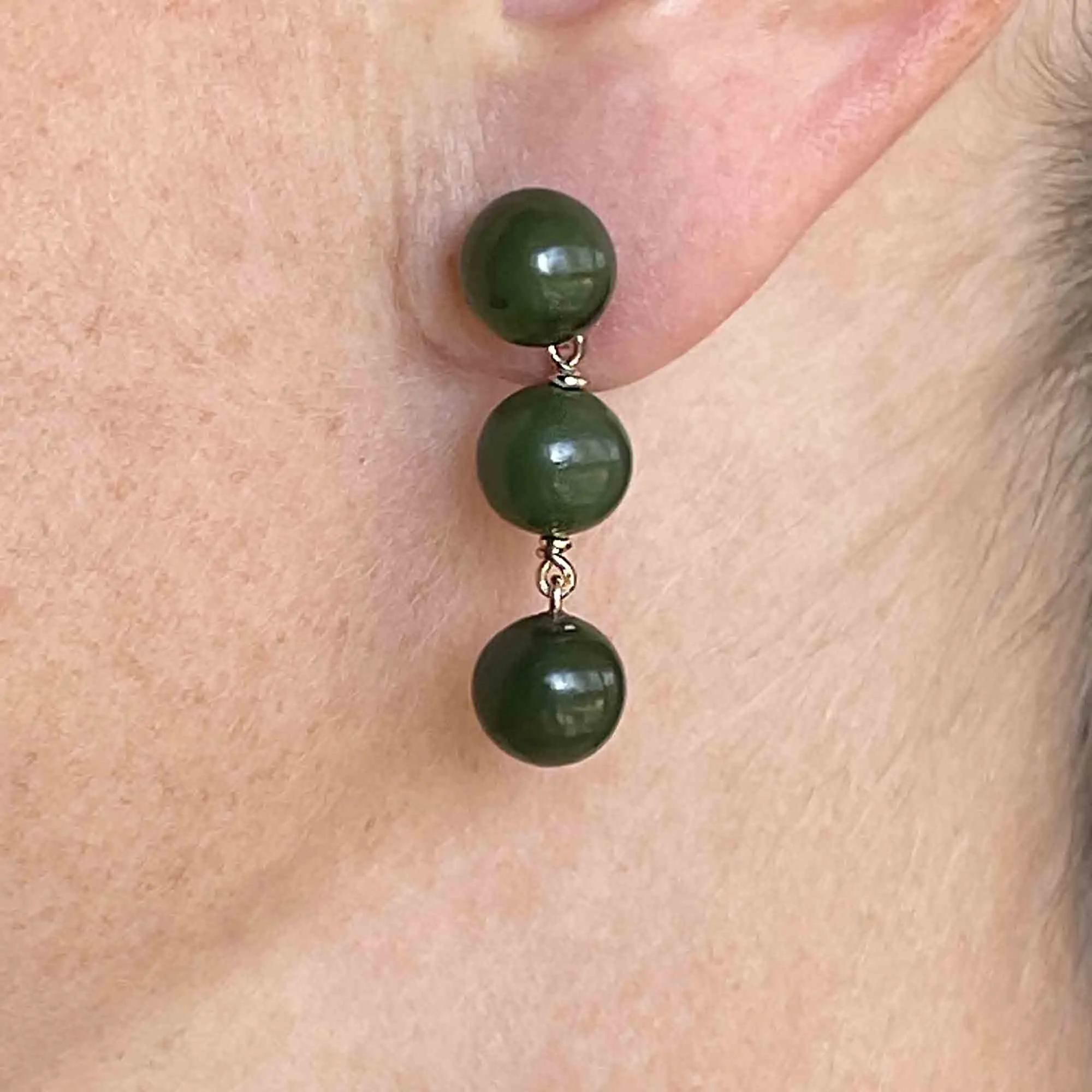 14K Gold Triple Jade Ball Drop Earrings