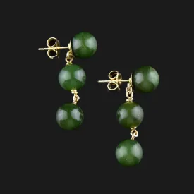 14K Gold Triple Jade Ball Drop Earrings