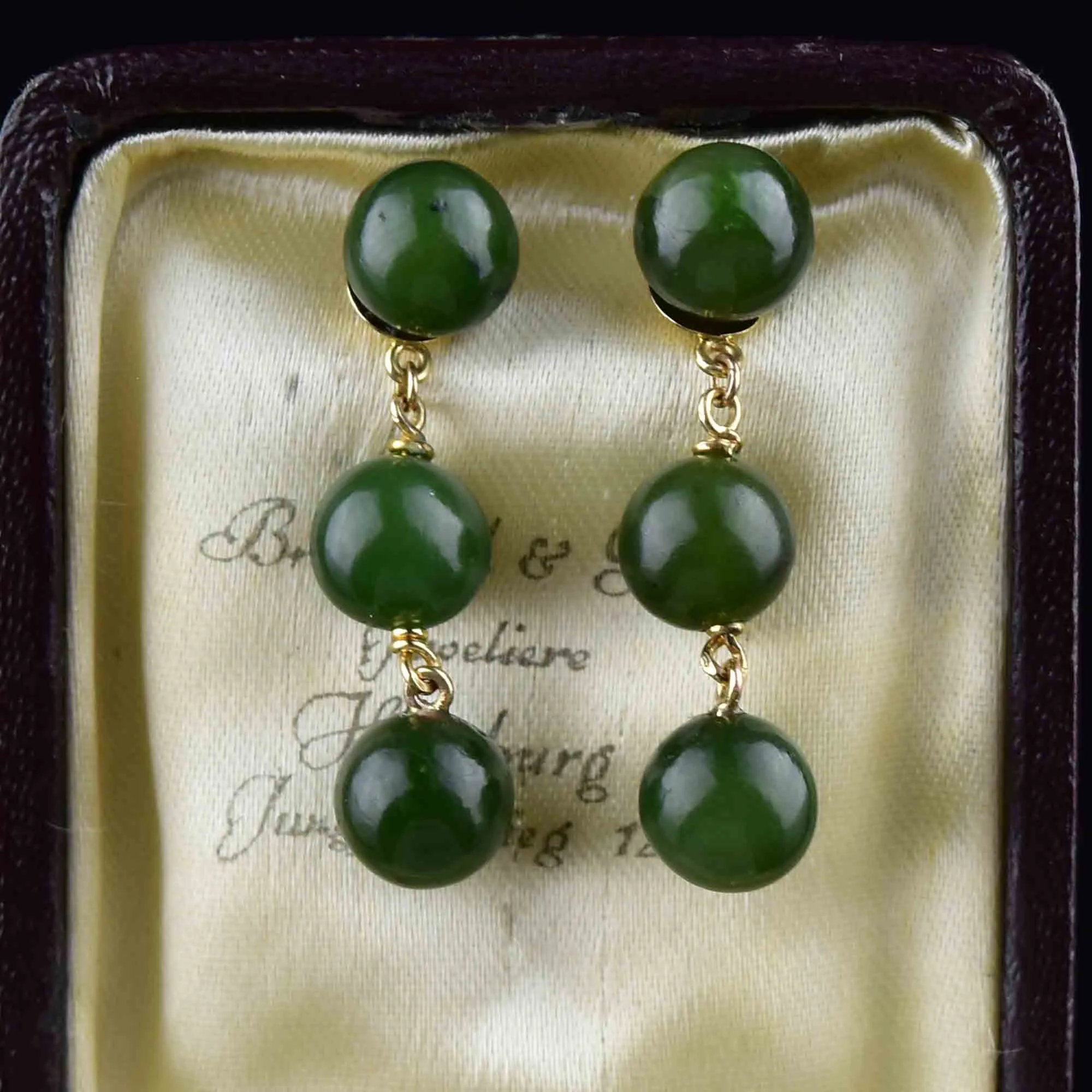 14K Gold Triple Jade Ball Drop Earrings