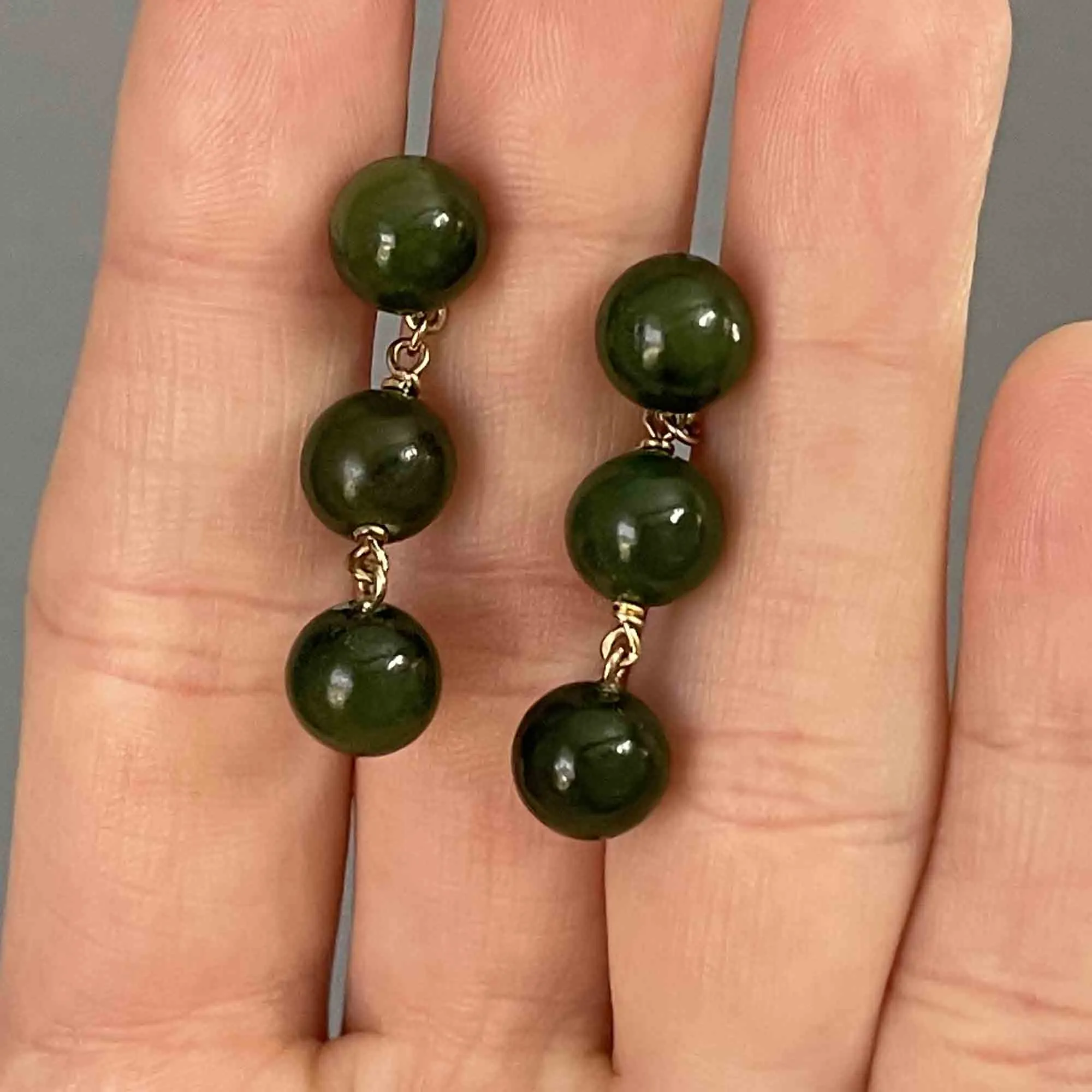 14K Gold Triple Jade Ball Drop Earrings