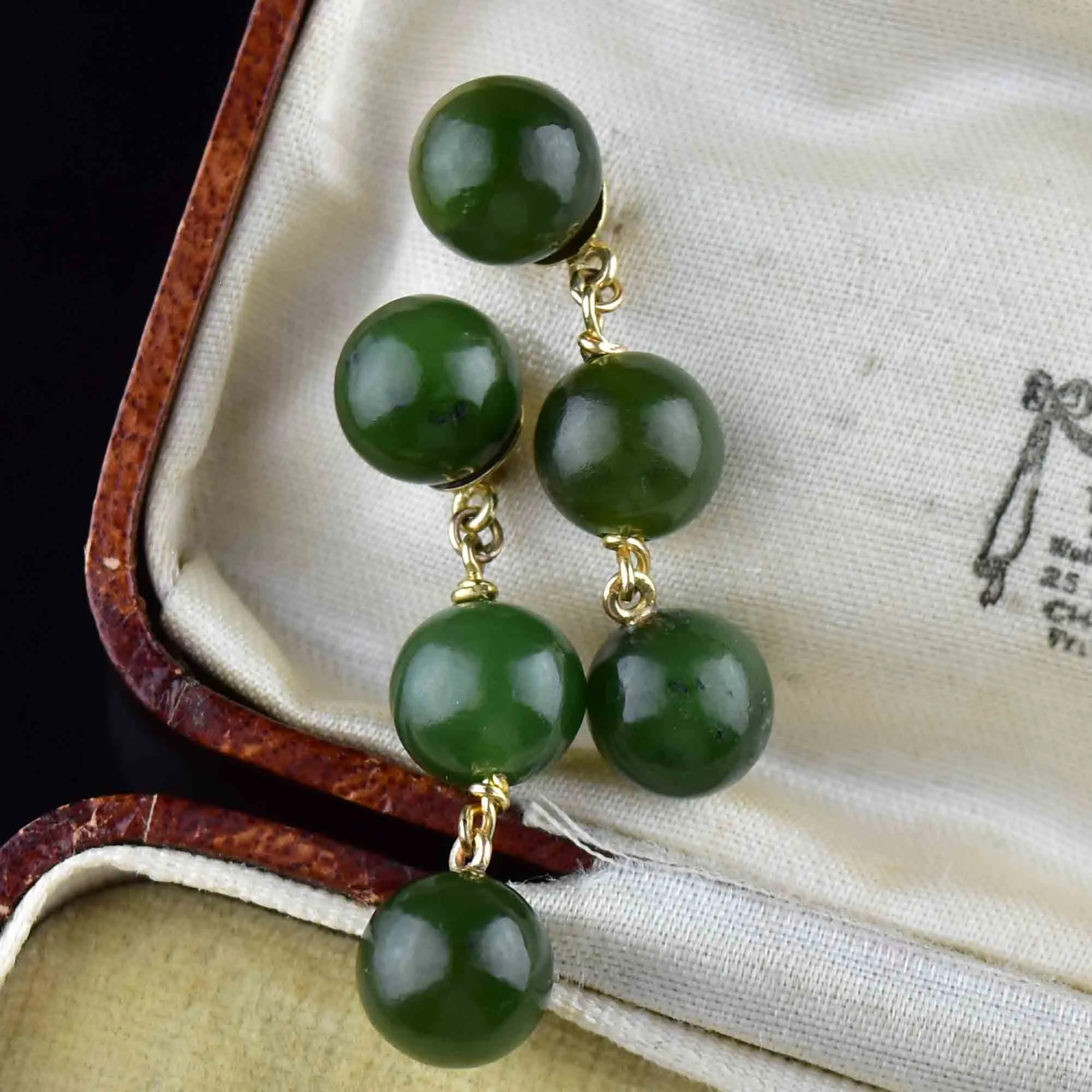 14K Gold Triple Jade Ball Drop Earrings