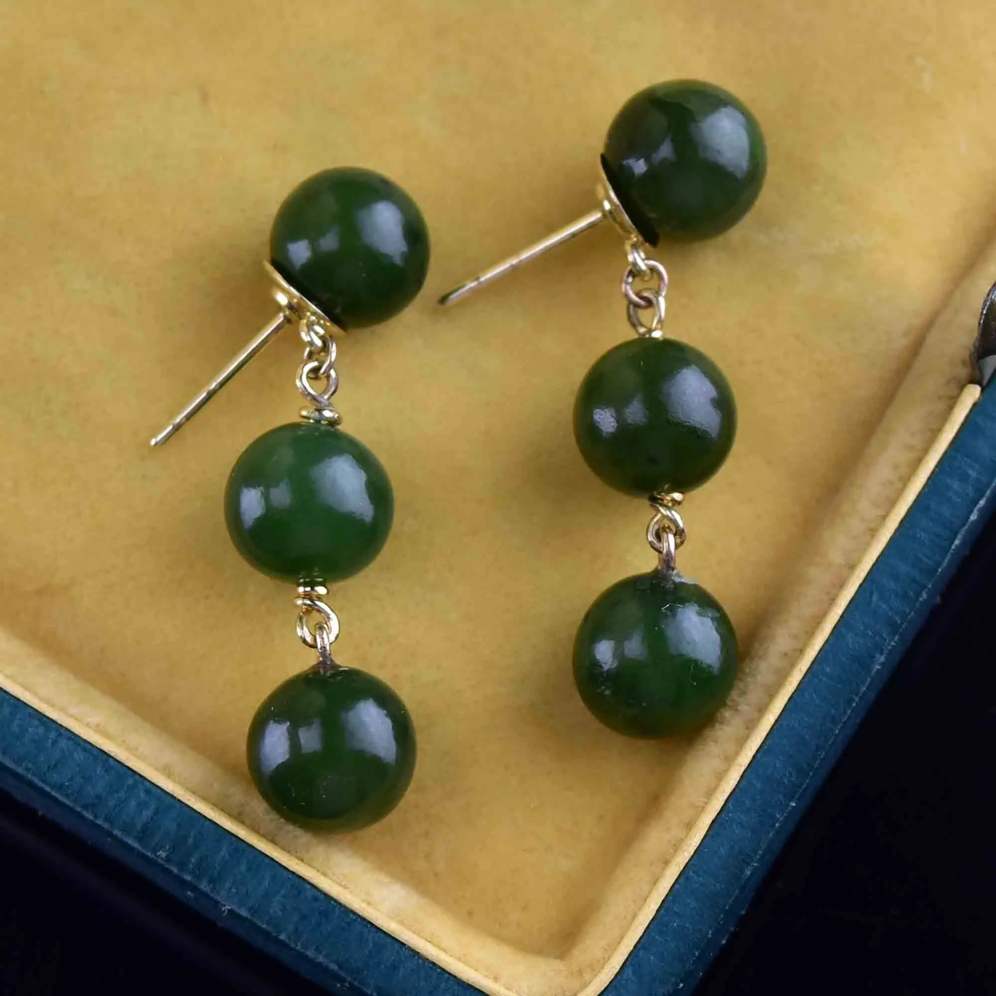 14K Gold Triple Jade Ball Drop Earrings