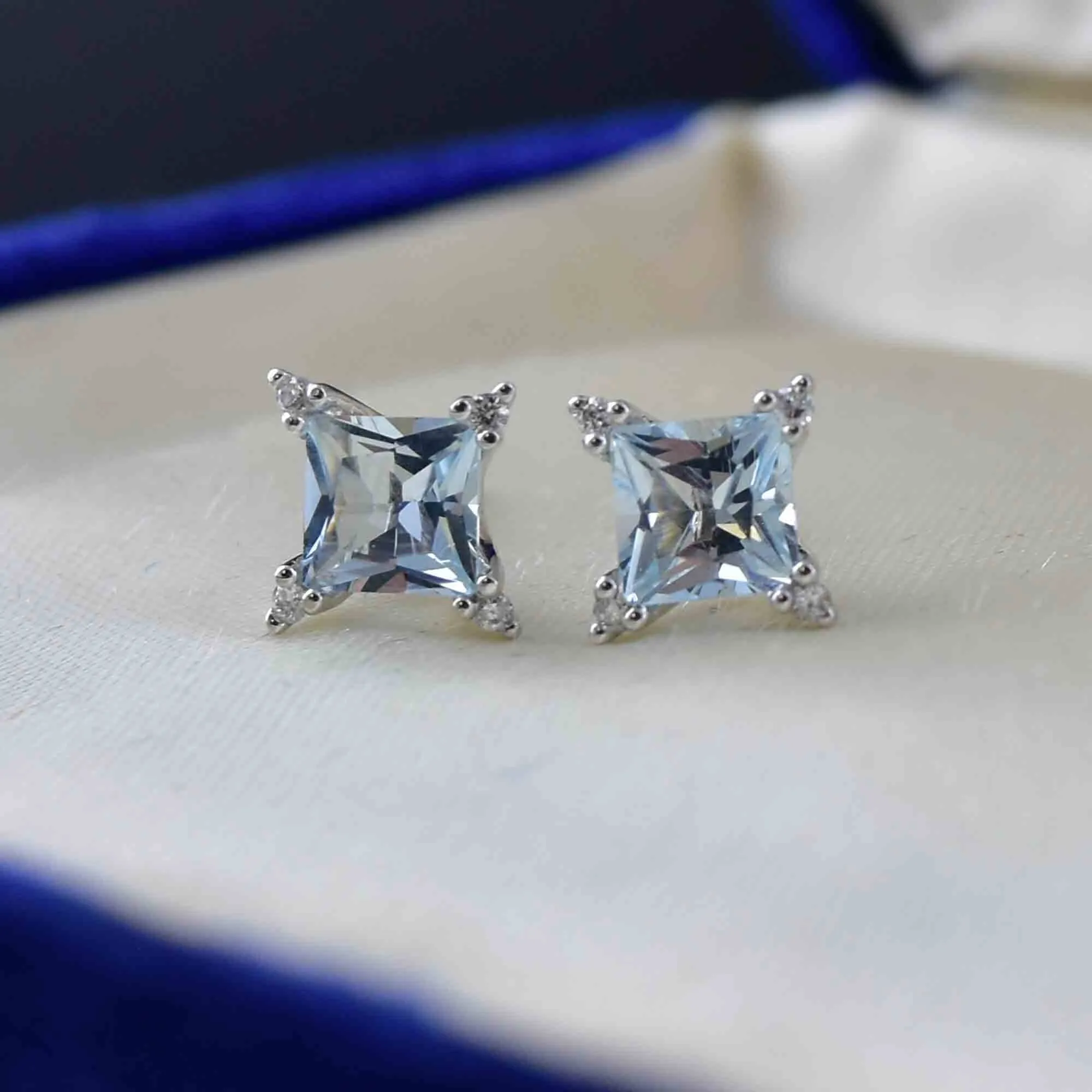 14K White Gold Diamond Princess Cut Aquamarine Stud Earrings