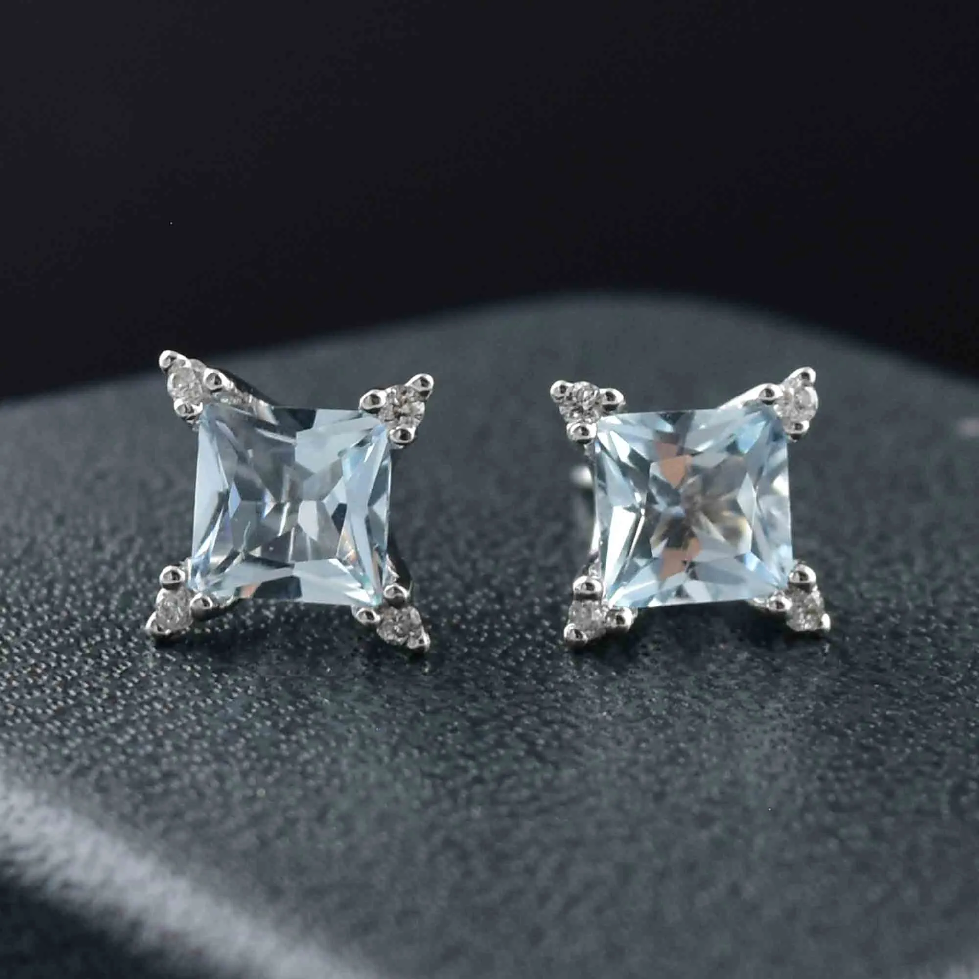 14K White Gold Diamond Princess Cut Aquamarine Stud Earrings