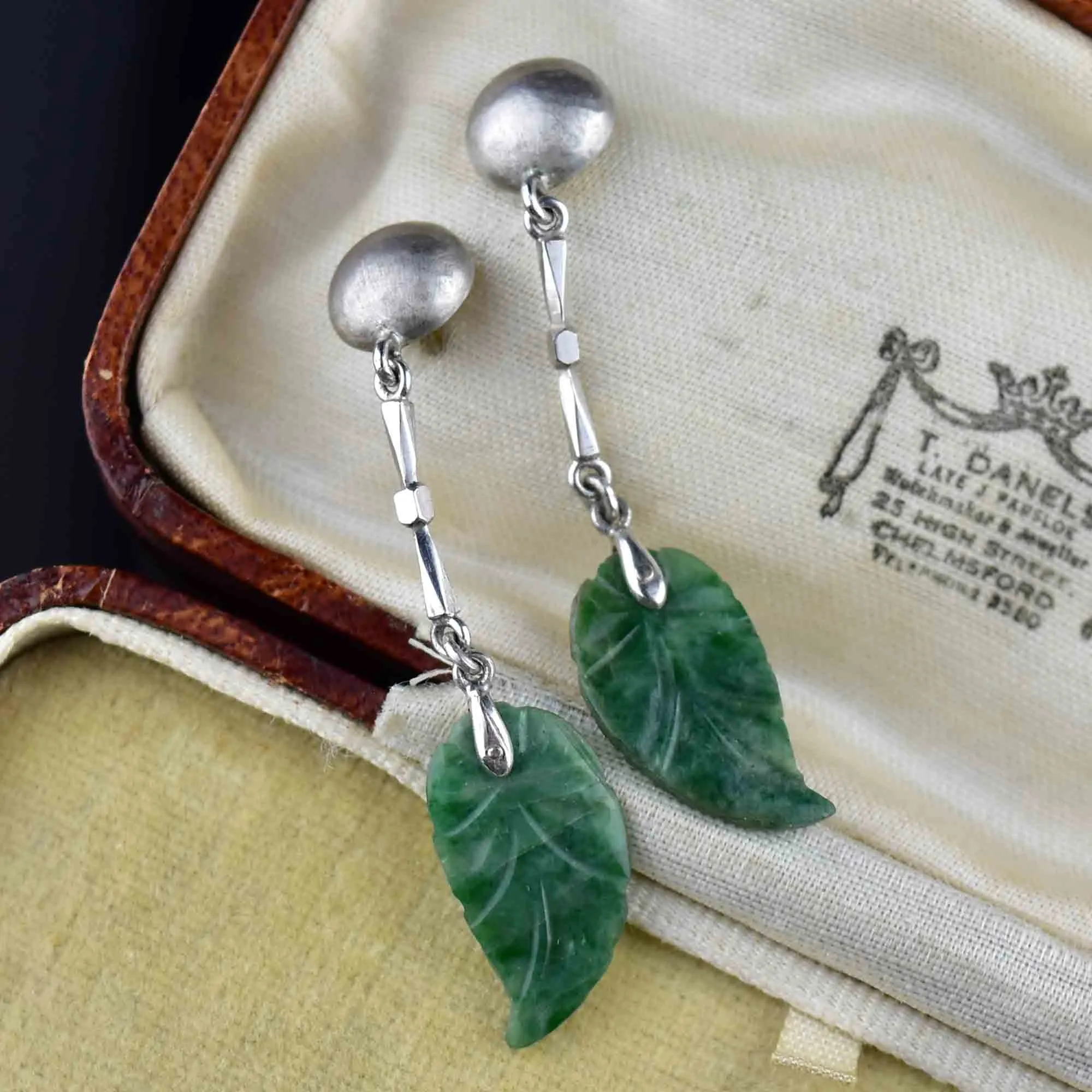 18K White Gold Carved Jade Leaf Chandelier Earrings