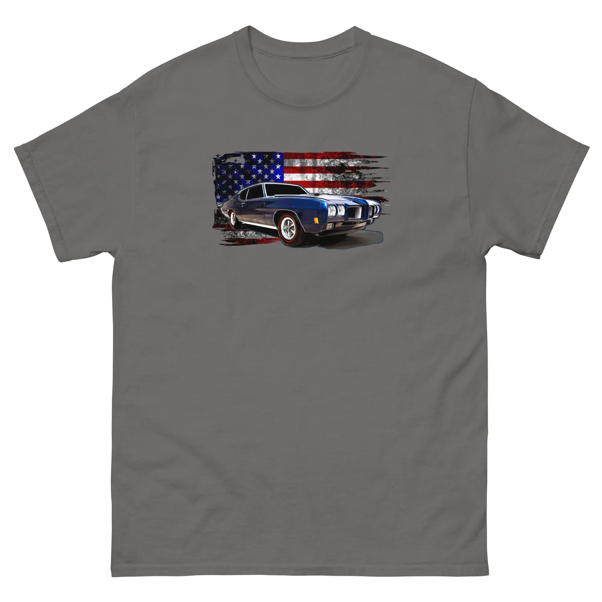 1970 GTO American Muscle Car T-Shirt With American Flag Design