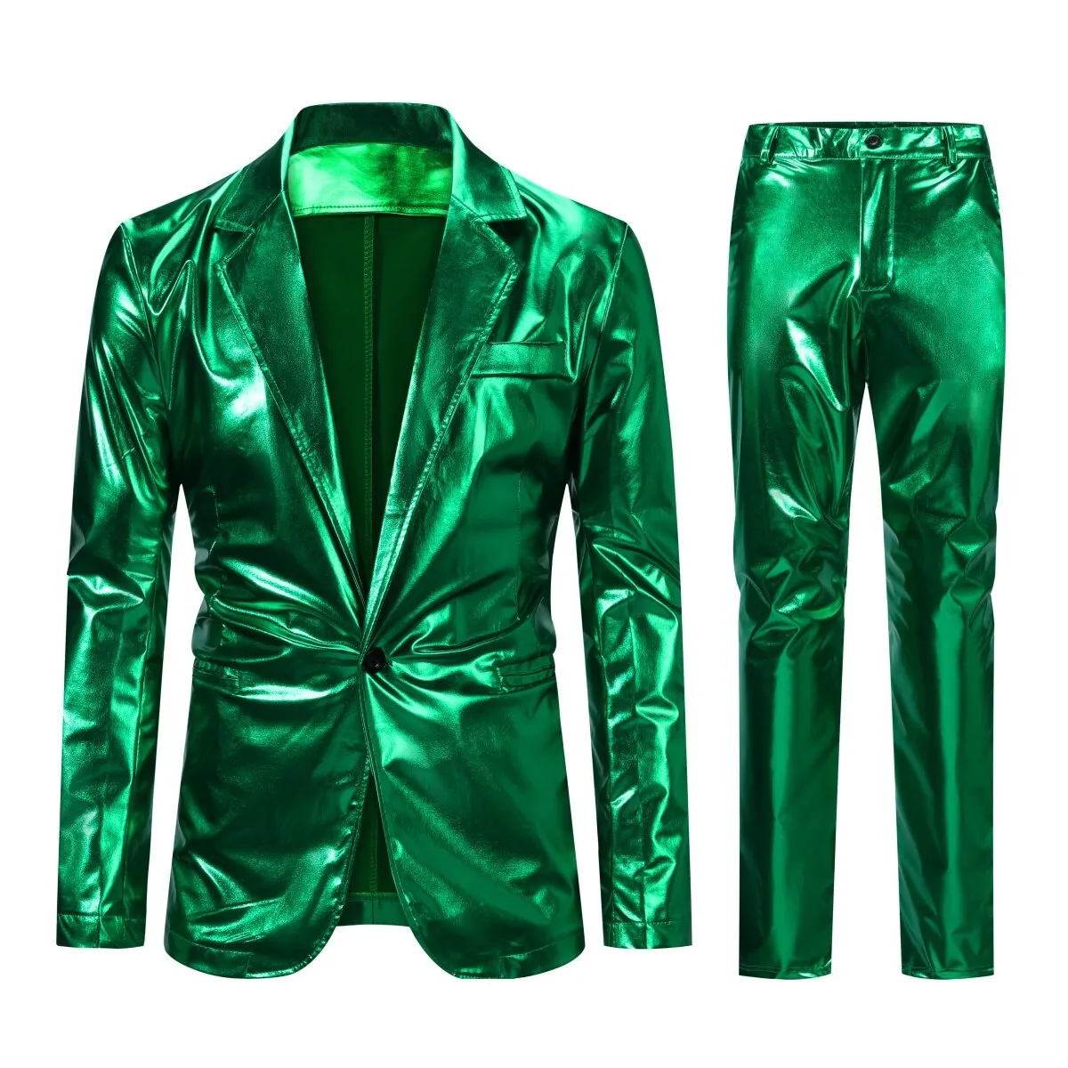 2-Piece Solid Color Stand Collar One-Button Glitter Suit Green