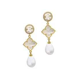 3-Tier Flower White Mother of Pearl Drop Earrings gold