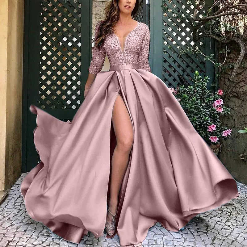 A Line 3/4 Sleeves Prom Dress Chic V Neck Evening Dress FR001