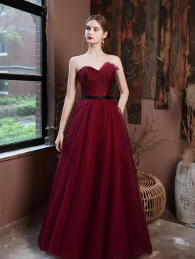 A-Line Burgundy Long Prom Dresses, Burgundy Formal Evening Dresses