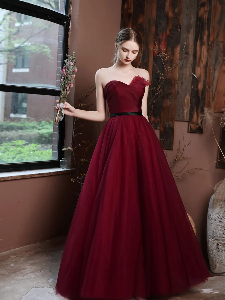 A-Line Burgundy Long Prom Dresses, Burgundy Formal Evening Dresses