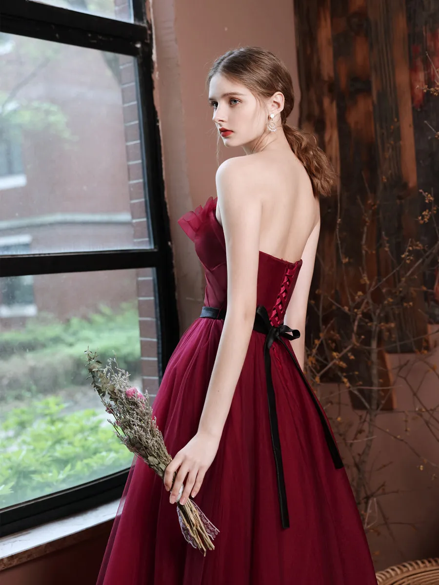 A-Line Burgundy Long Prom Dresses, Burgundy Formal Evening Dresses