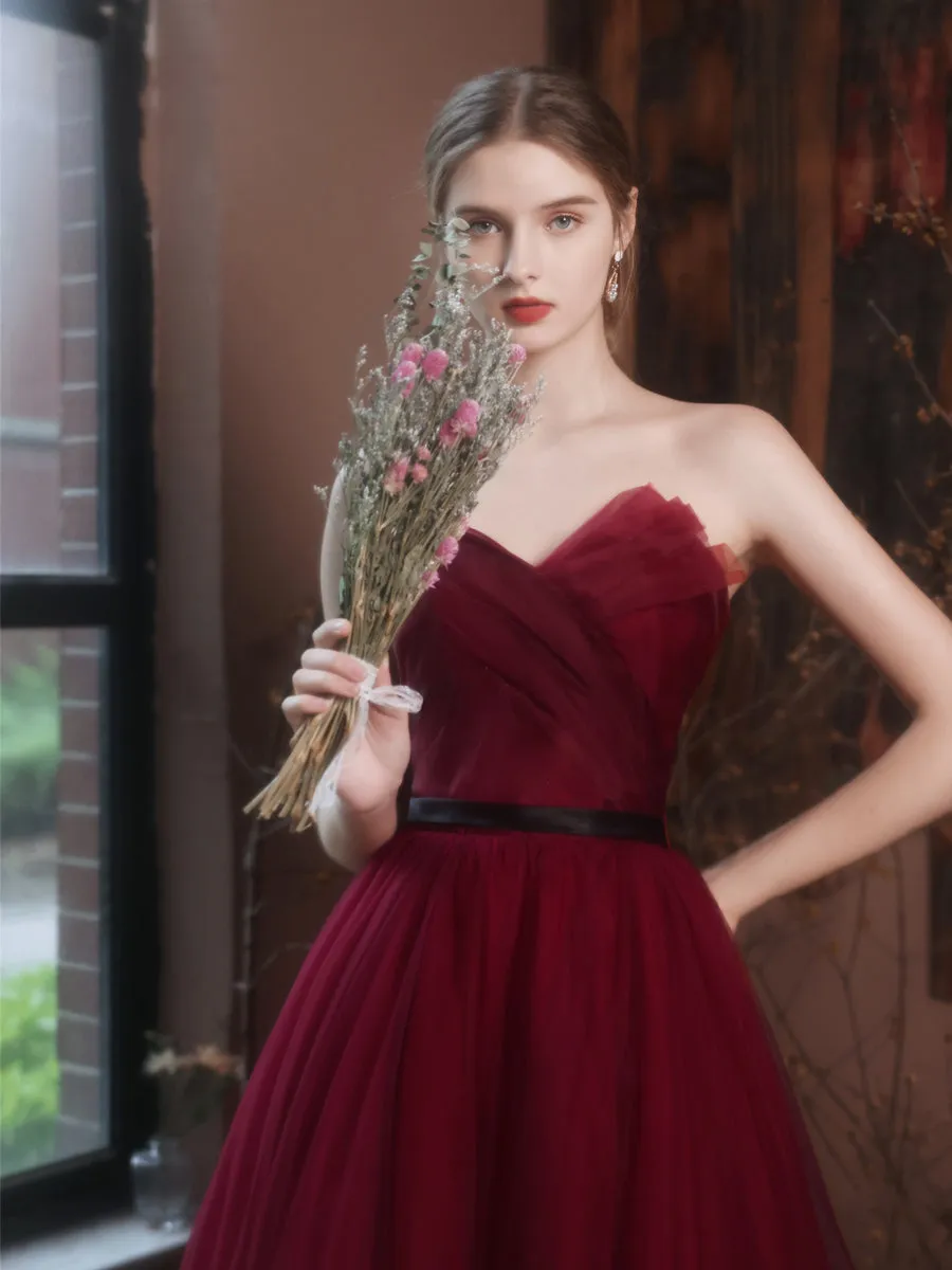 A-Line Burgundy Long Prom Dresses, Burgundy Formal Evening Dresses