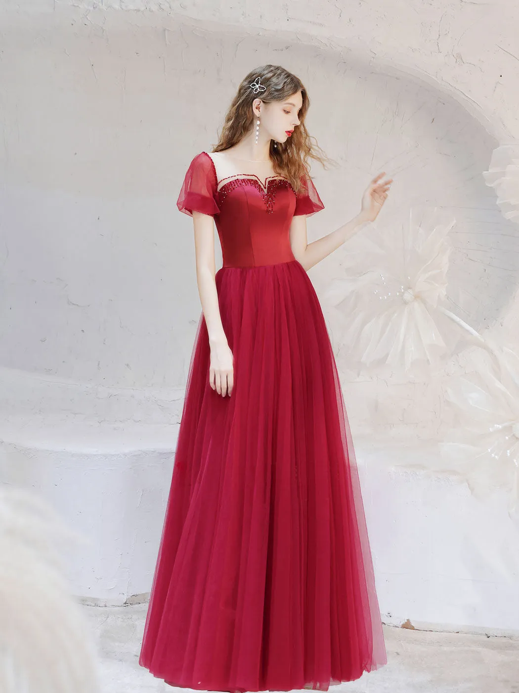 A-Line Burgundy Long Prom Dresses, Tulle Burgundy Evening Dresses with Beading