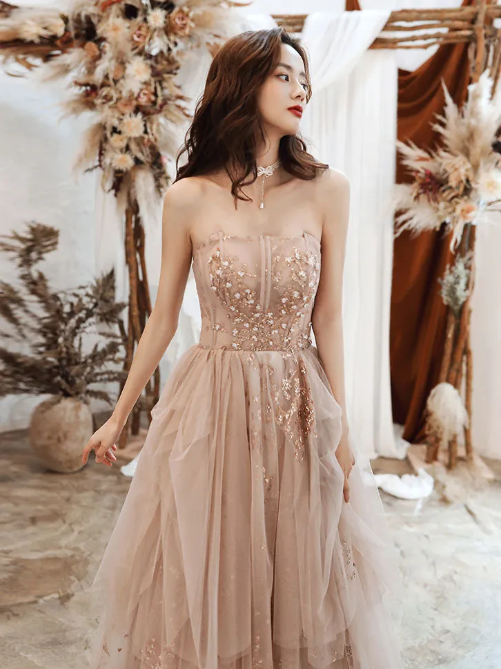 A-line Champagne Tulle Lace Long Prom Dress Lace Evening Dress