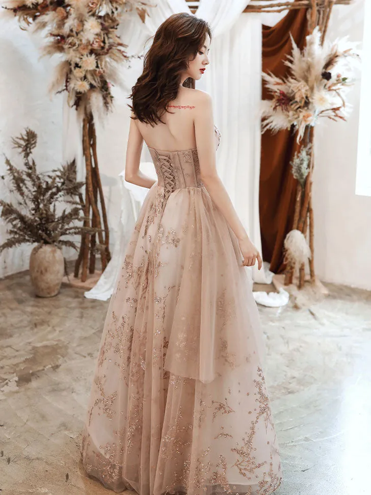 A-line Champagne Tulle Lace Long Prom Dress Lace Evening Dress