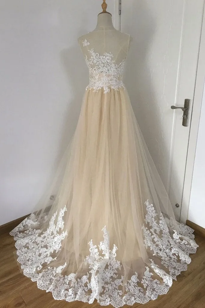 A-line Champagne with White Lace Round Neckline Party Dress, Beautiufl Wedding Party Dresses