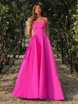 A Line Hot Pink Satin Long Prom Dresses with Pocket, Long Hot Pink Formal Graduation Evening Dresses SP2897