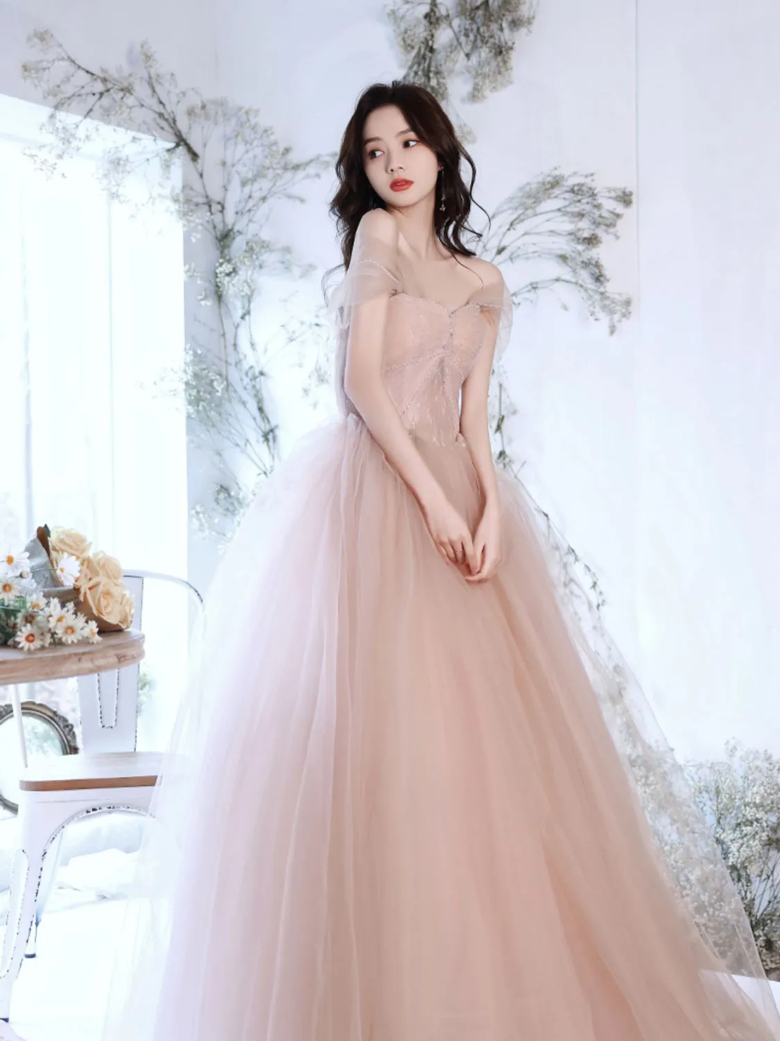 A Line Off Shoulder Pink Long Prom Dress, Pink Graduation Dress with Beading Lace