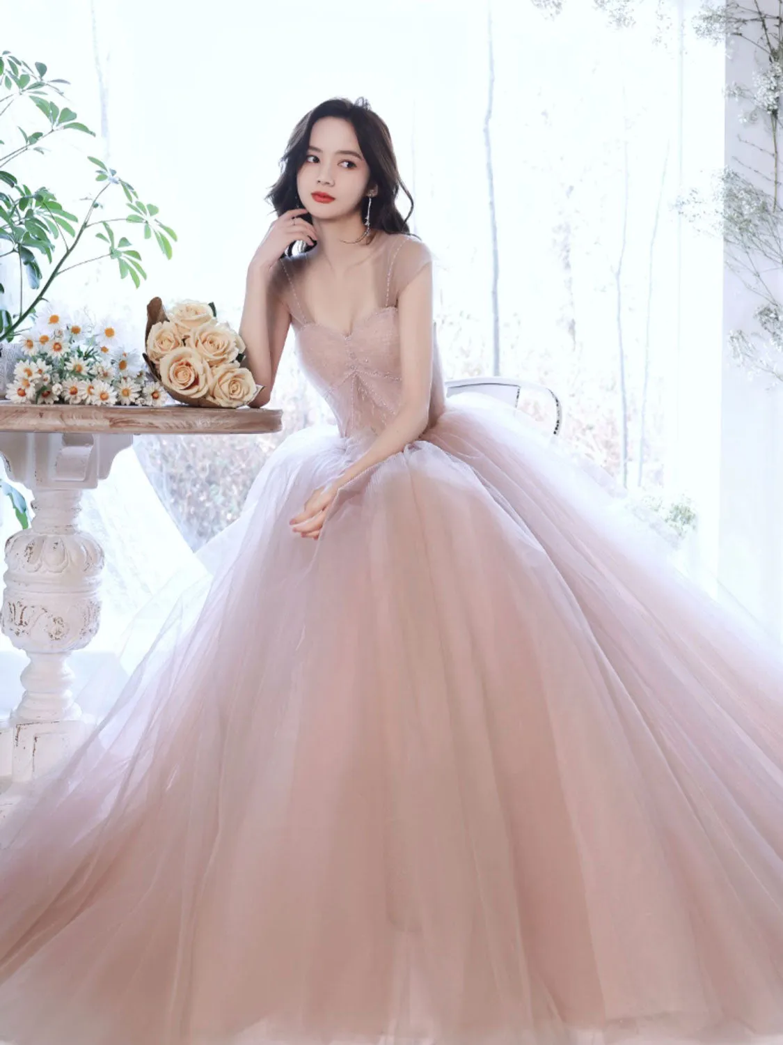 A Line Off Shoulder Pink Long Prom Dress, Pink Graduation Dress with Beading Lace