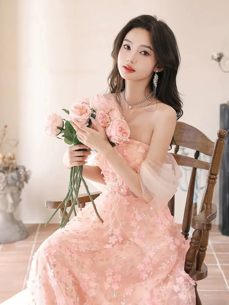 A-Line Off Shoulder Pink Long Prom Dress, Pink Long Graduation Dress