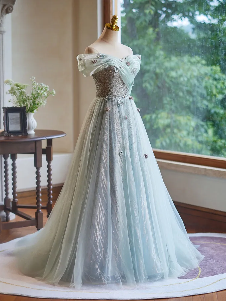 A-Line Off Shoulder Tulle Green Long Prom Dress, Green Long Evening Dress