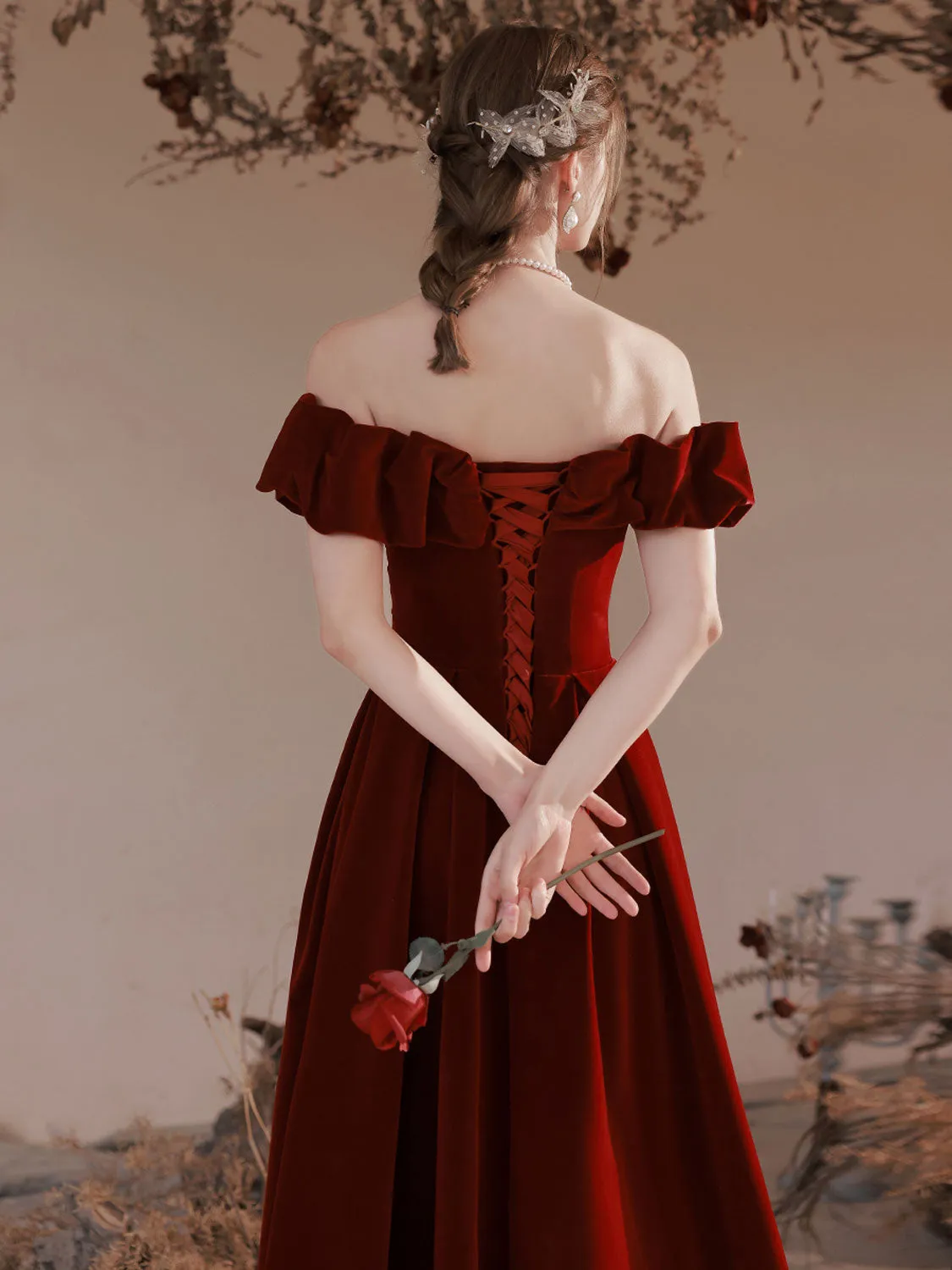 A-Line Off Shoulder Velvet Burgundy Long Prom Dress, Burgundy Evening Dresses