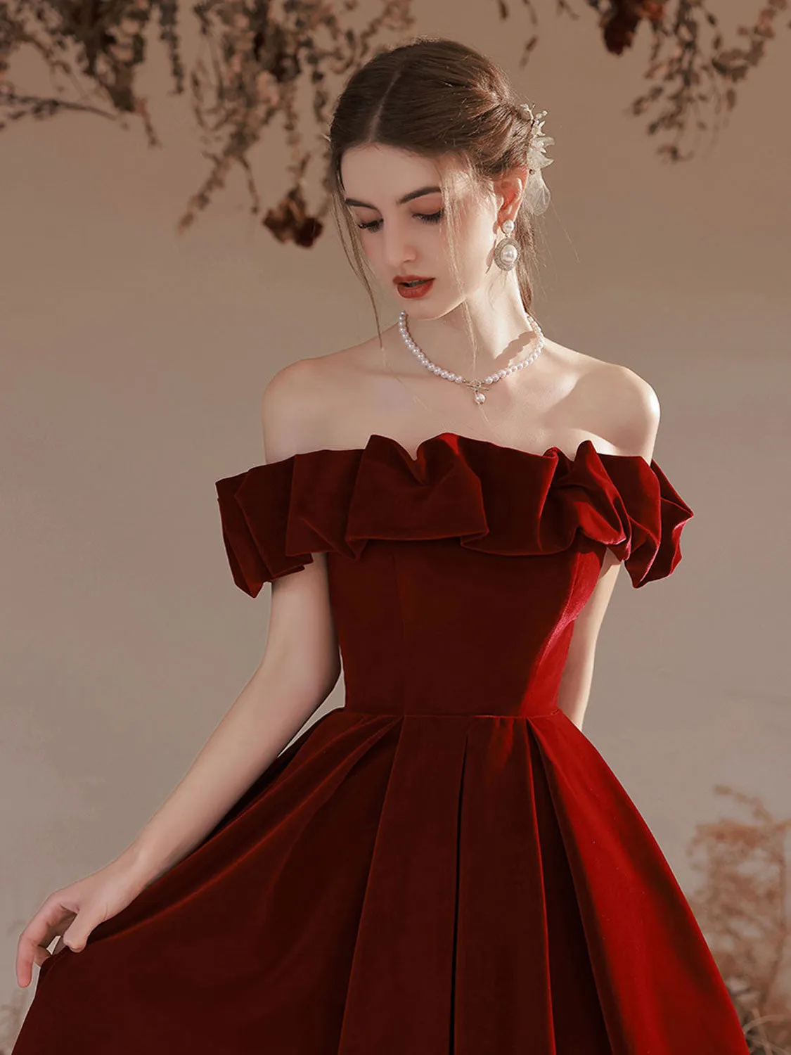 A-Line Off Shoulder Velvet Burgundy Long Prom Dress, Burgundy Evening Dresses