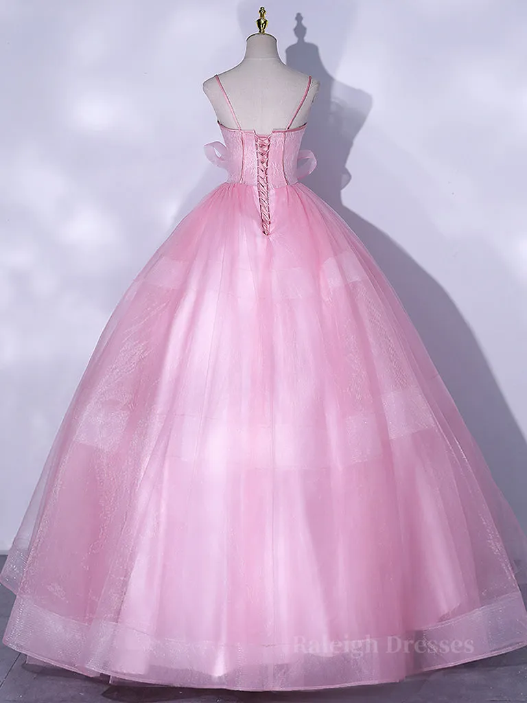 A-Line Pink Tulle Lace Long Prom Dress, Pink Formal Dresses