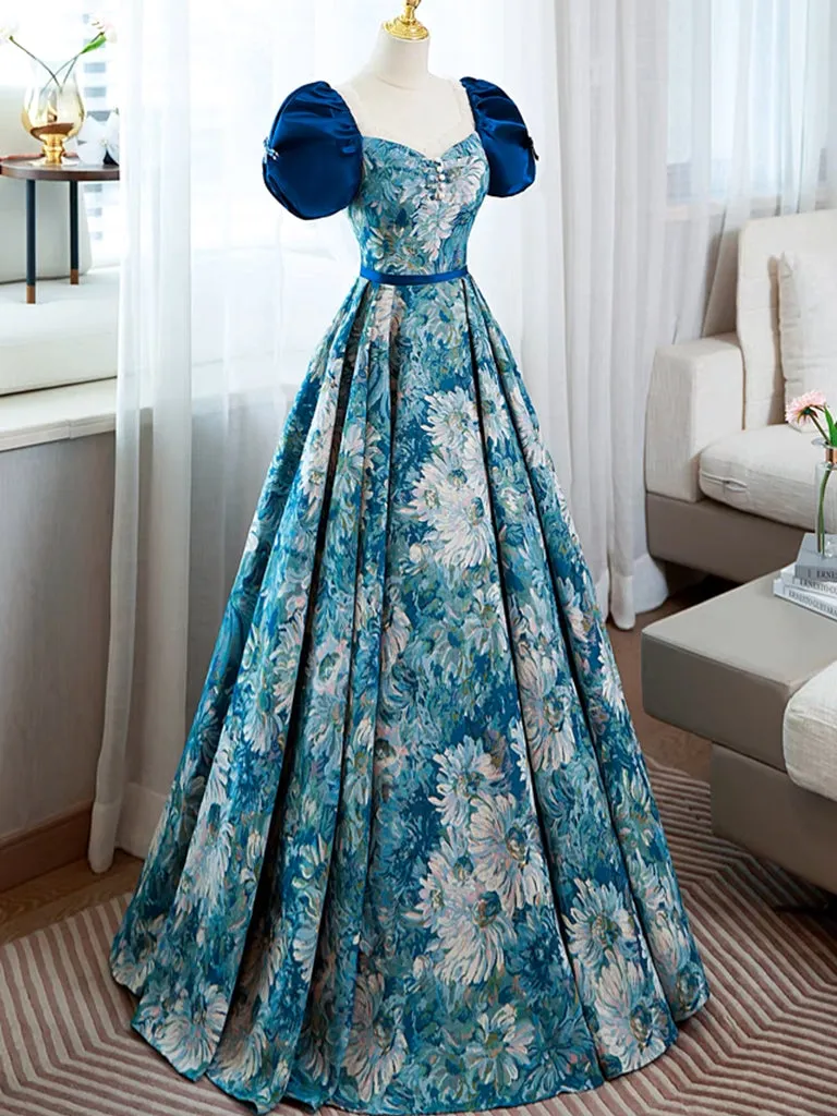 A-Line Puff Sleeves Satin Blue Long Prom Dress, Blue Long Formal Dress